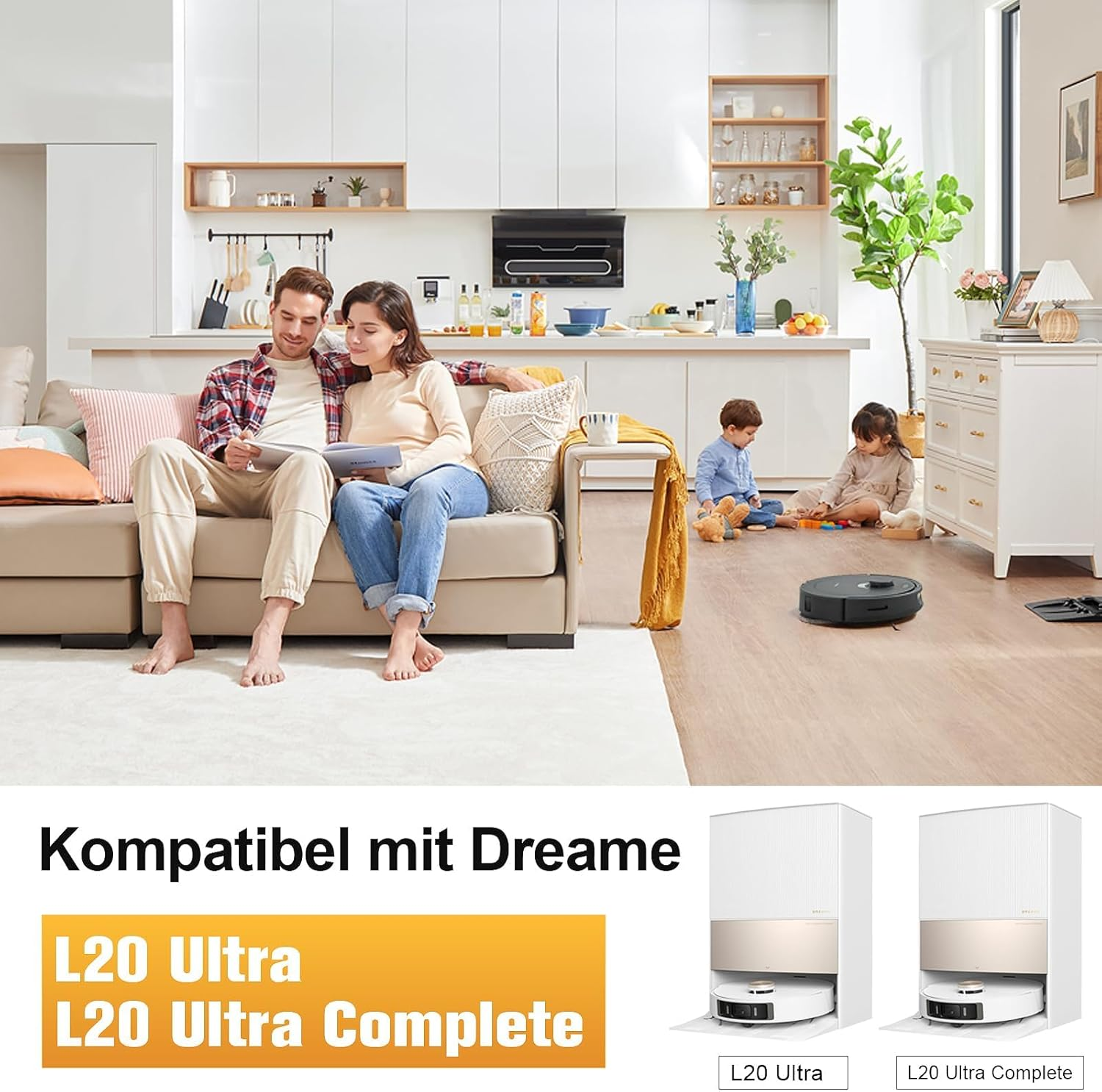 Una famiglia in una stanza ben illuminata con un robot aspirapolvere.