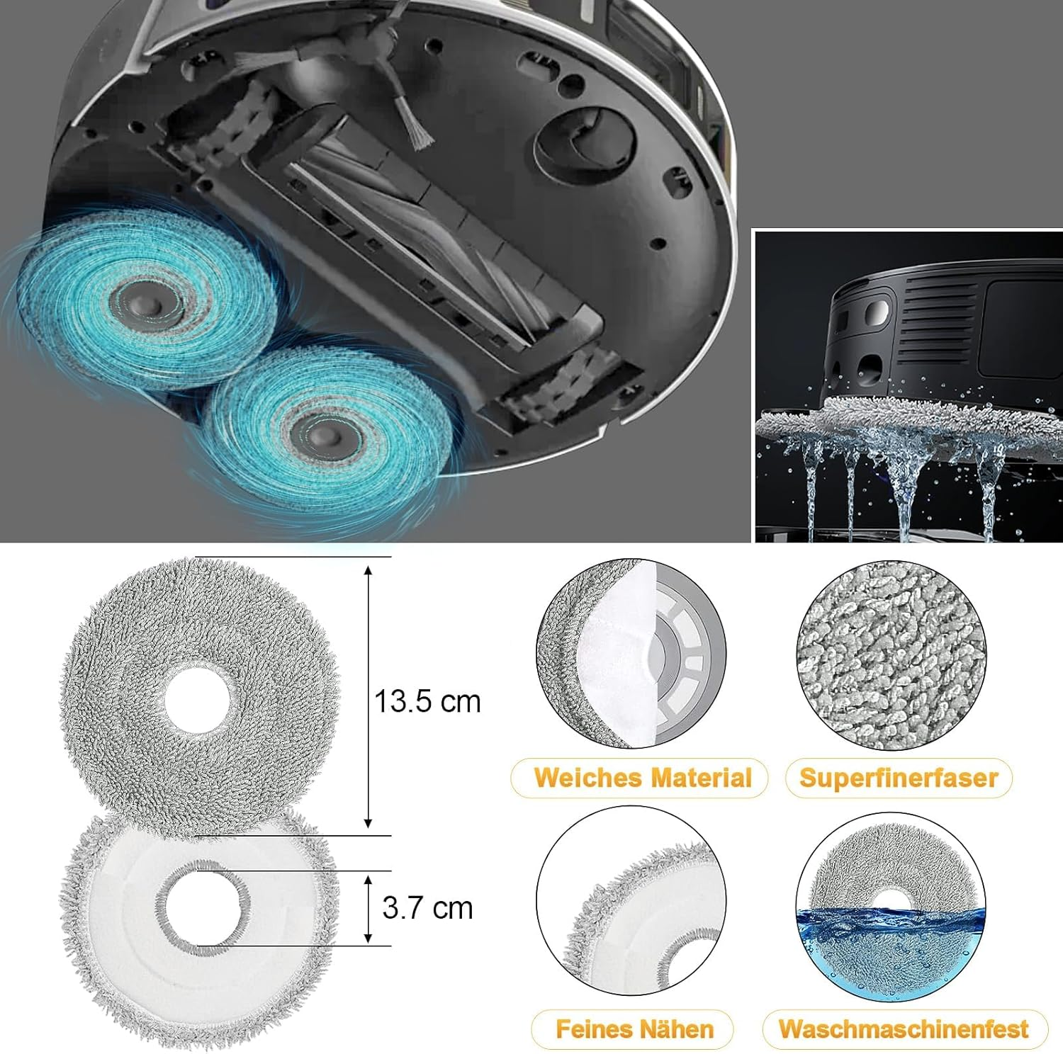 Aspirapolvere robot con spruzzo d'acqua ed etichette di misurazione per i panni e un diagramma.