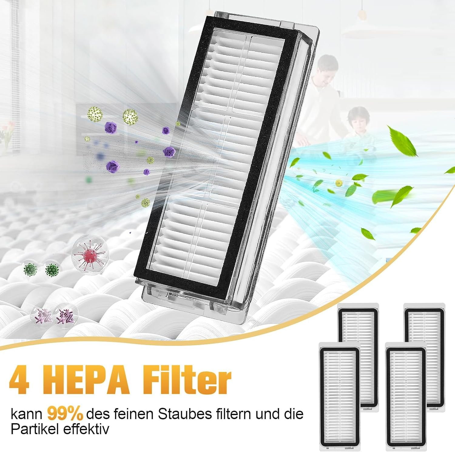 Filtro HEPA con telaio, che dimostra la purificazione dell'aria con particelle fluttuanti e aria pulita.