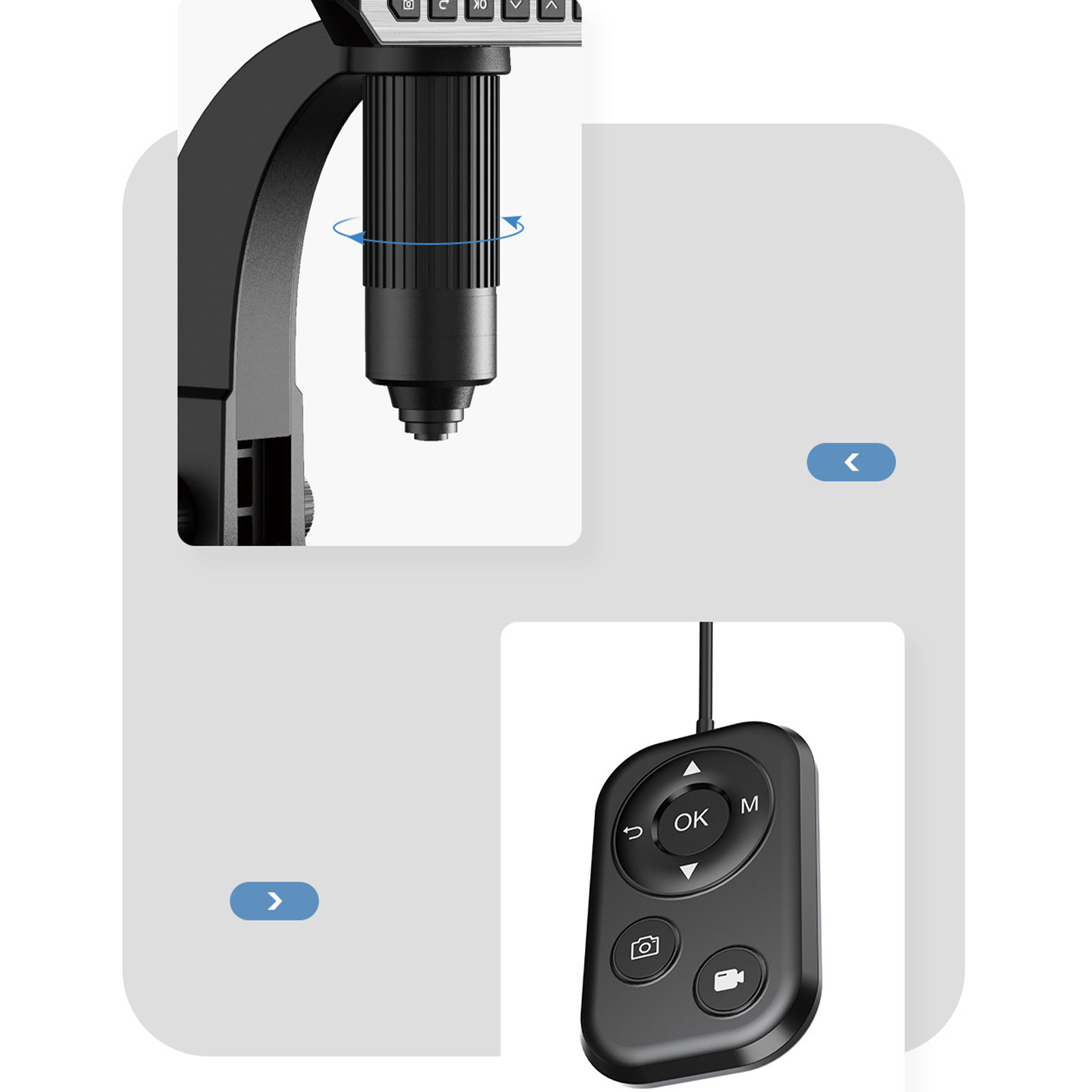 Mikroskop mit digitalem Bildschirm und Fernbedienung. Pfeile zeigen Einstellungen an.