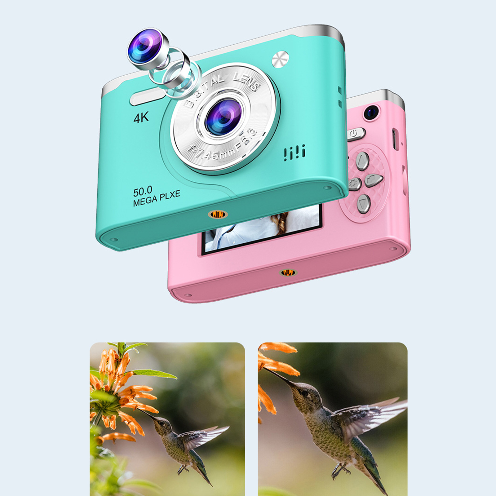 Zwei Kameras, türkis und rosa. Ein Kolibri wird in zwei Fotos in der Nähe von orangefarbenen Blumen gezeigt.