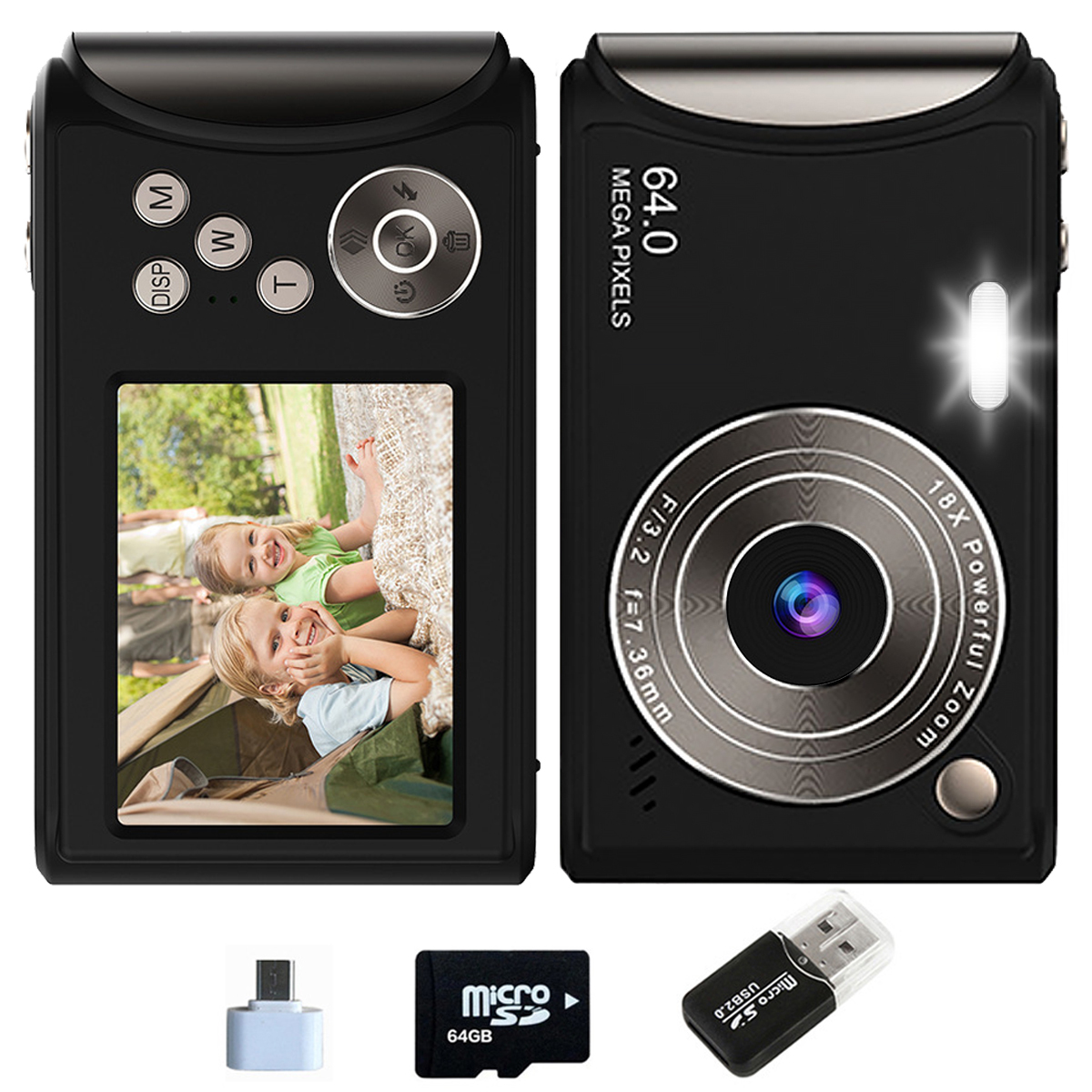 Eine schwarze Digitalkamera, die zwei Kinder in einem Zelt auf dem Bildschirm zeigt. Inklusive USB-Adapter und SD-Karte.