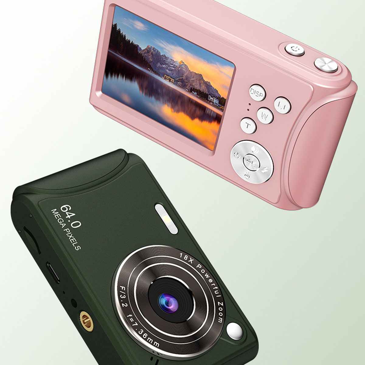 Zwei Digitalkameras, rosa und dunkelgrün, mit Bildschirmen, die eine Berglandschaft zeigen.