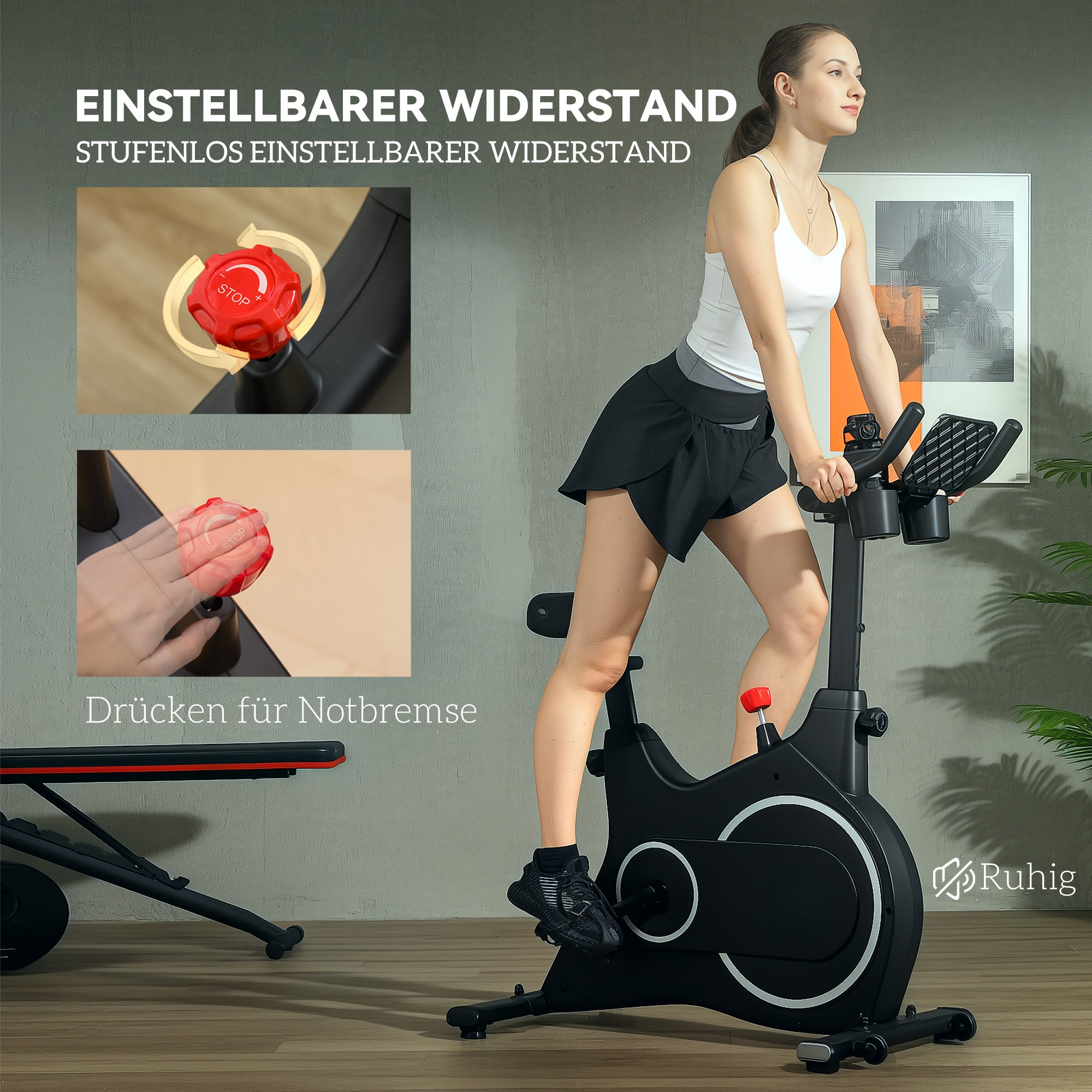 Eine Frau trainiert auf einem Heimtrainer und zeigt einen Bedienknopf und eine Stopp-Taste im Detail.