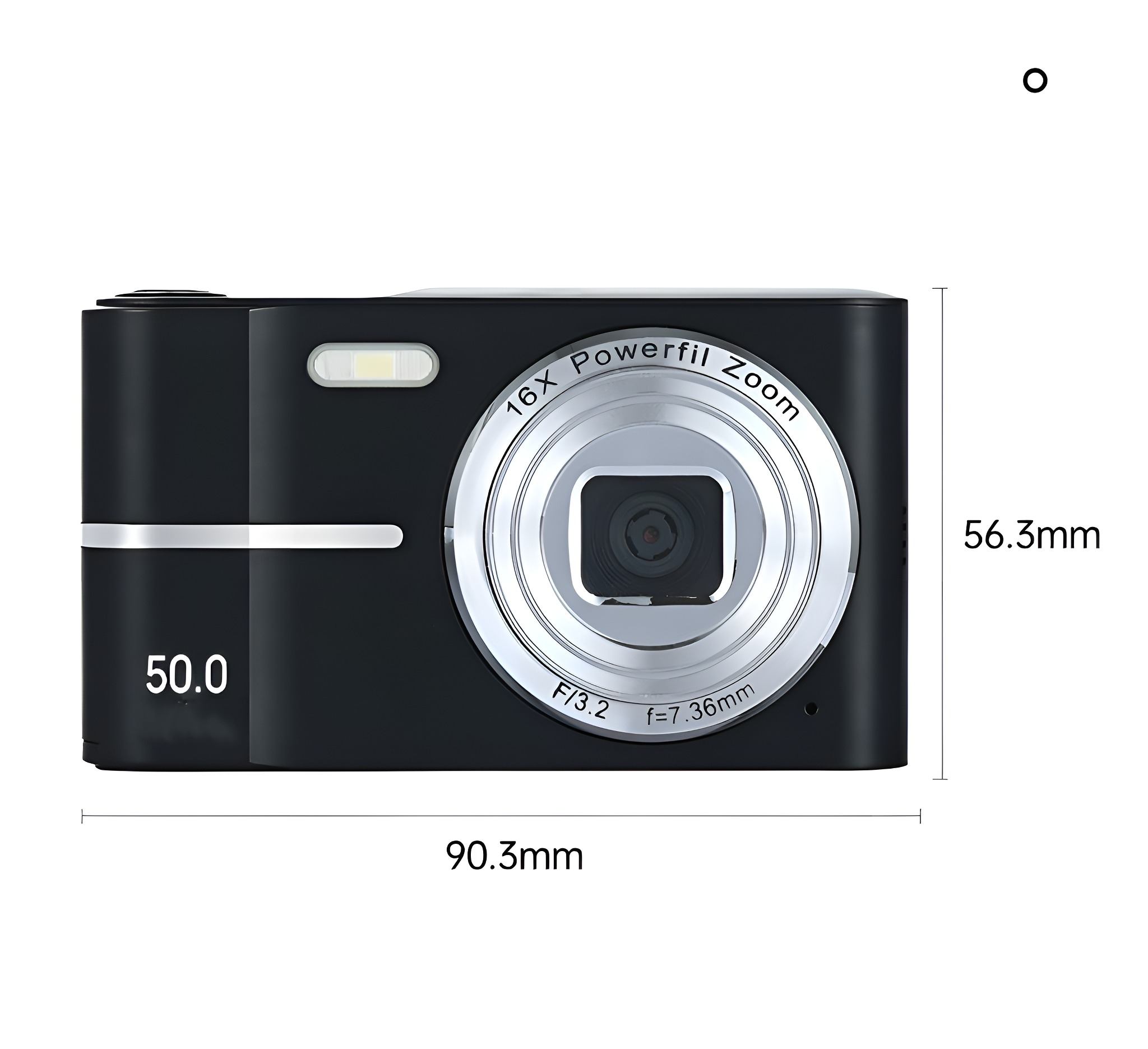 Schwarze Digitalkamera mit Maßen: 90,3 mm x 56,3 mm. F/3.2, 16x Zoom.