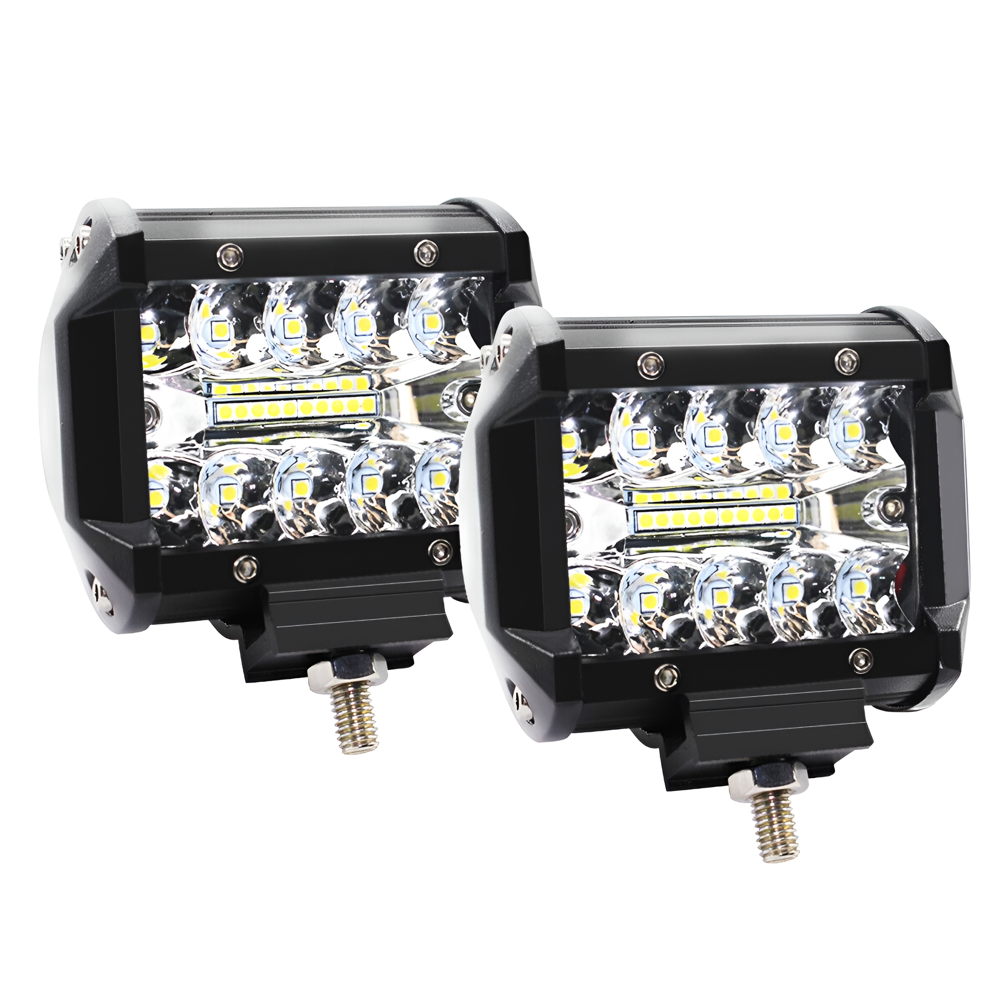 Zwei schwarze LED-Lichtleisten mit weißen Lichtern, auf weißem Hintergrund.