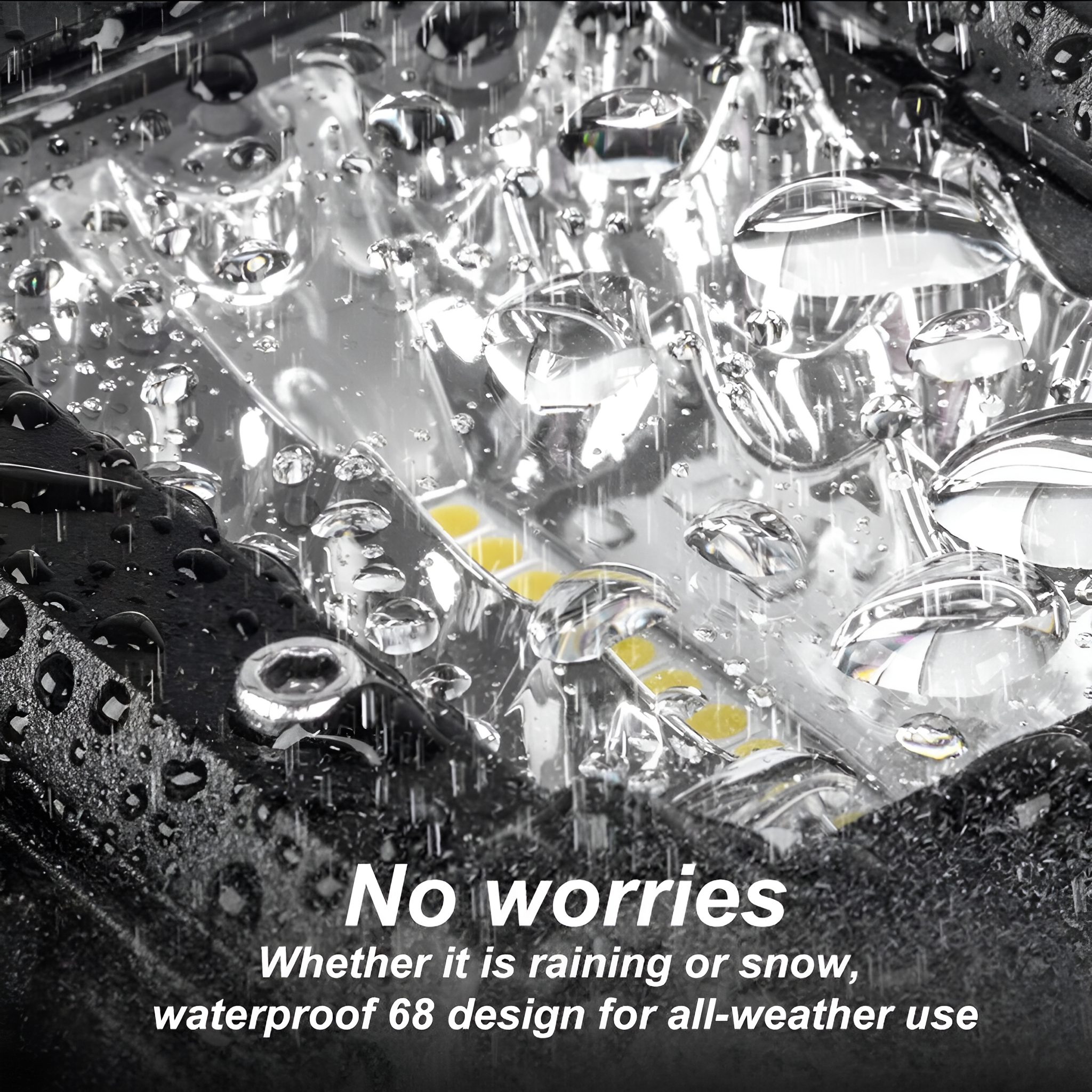 Nahaufnahme eines Flutlichts mit Wassertropfen, mit dem Text 'No worries'.