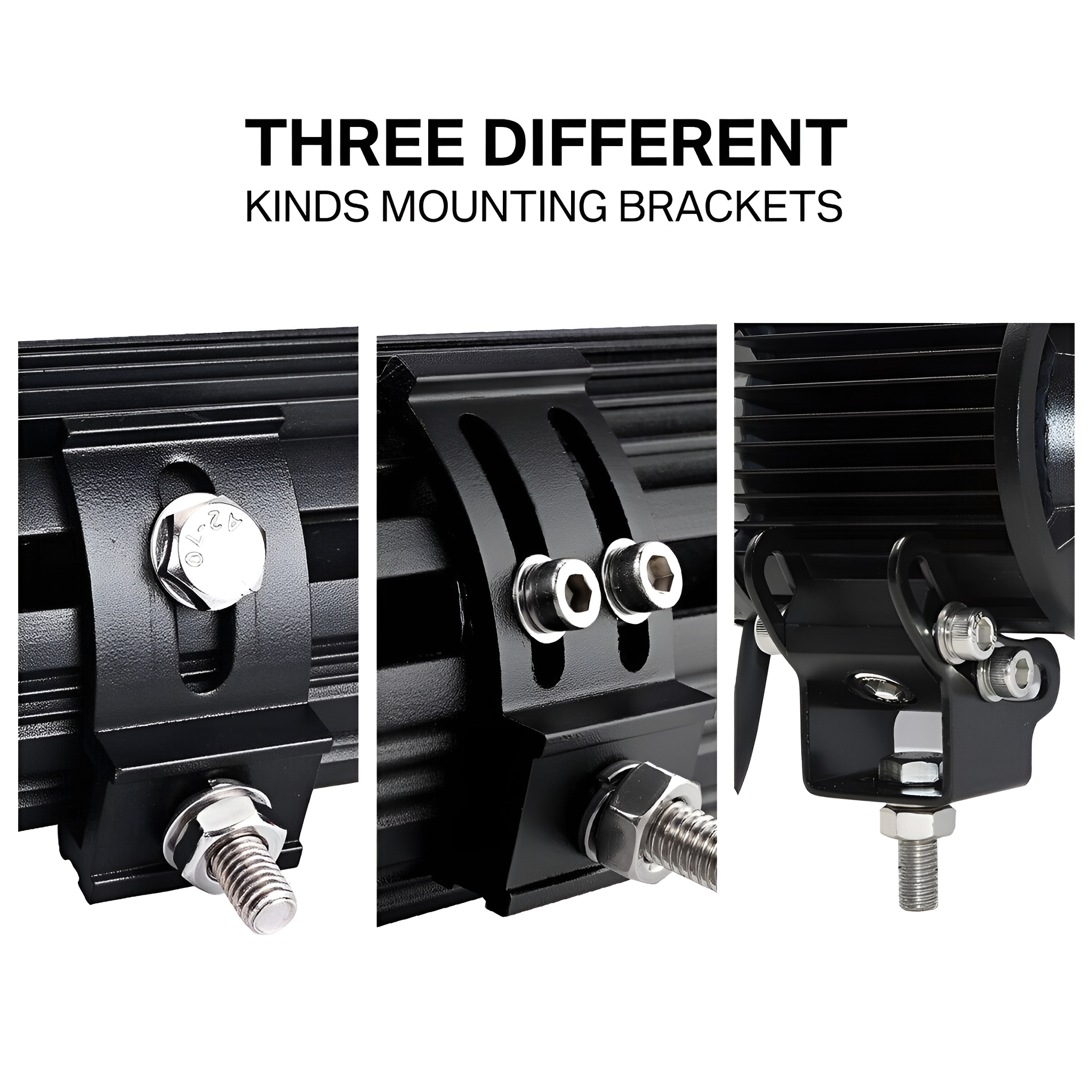 Nahaufnahme von drei verschiedenen Halterungen für LED-Lichtleisten, alle schwarz.