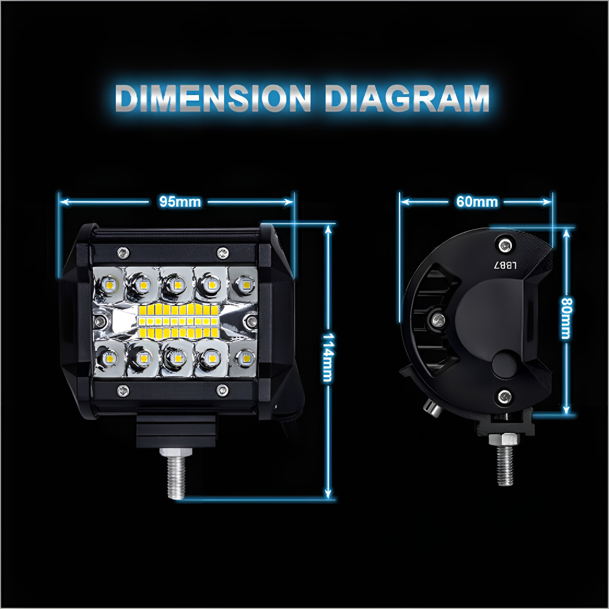 Maßdiagramm einer LED-Lichtleiste. Zeigt Maße in mm. Schwarzer Hintergrund.