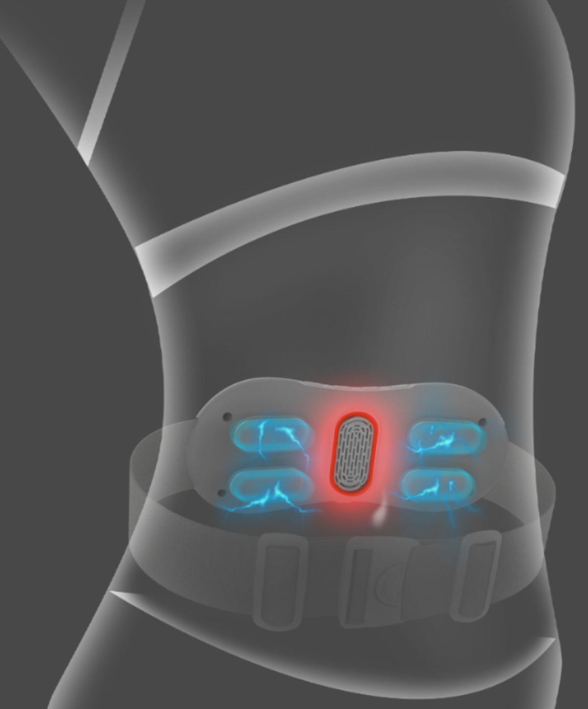 Eine Illustration einer Person mit einem Rückenstützgürtel, die elektrische Stimulation zur Schmerzlinderung zeigt.
