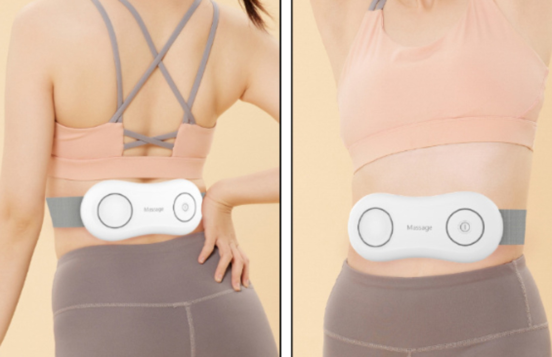 Zwei Bilder: Frau mit rosa BH & grauer Leggings, mit weißem Massagegürtel.