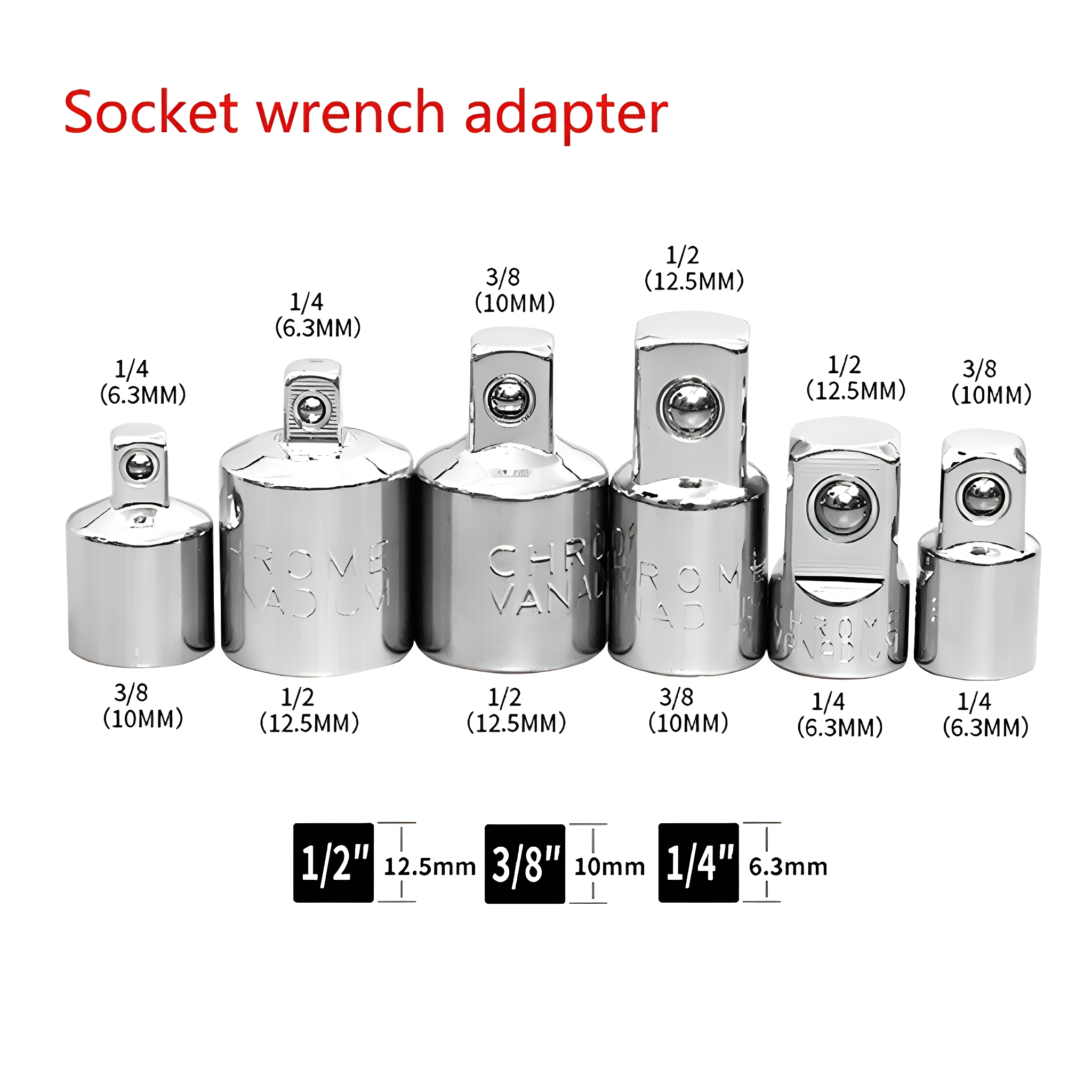 Satz Steckschlüsseladapter in verschiedenen Größen, mit Maßen beschriftet.