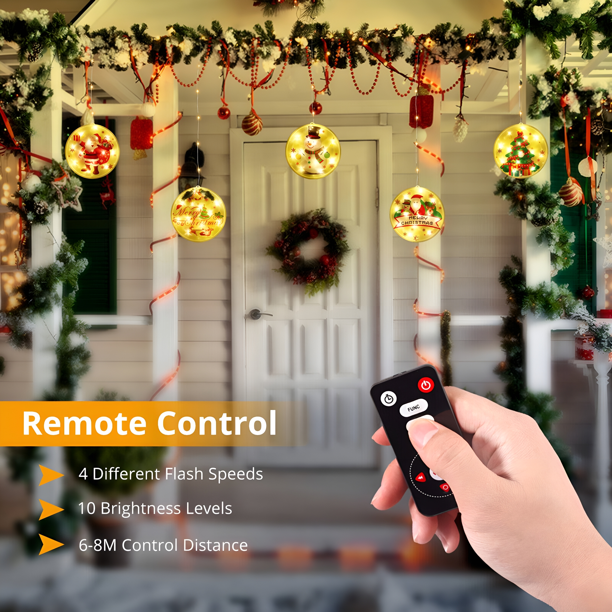 Weihnachtsbeleuchtung mit runden Dekorationen und Fernbedienung.