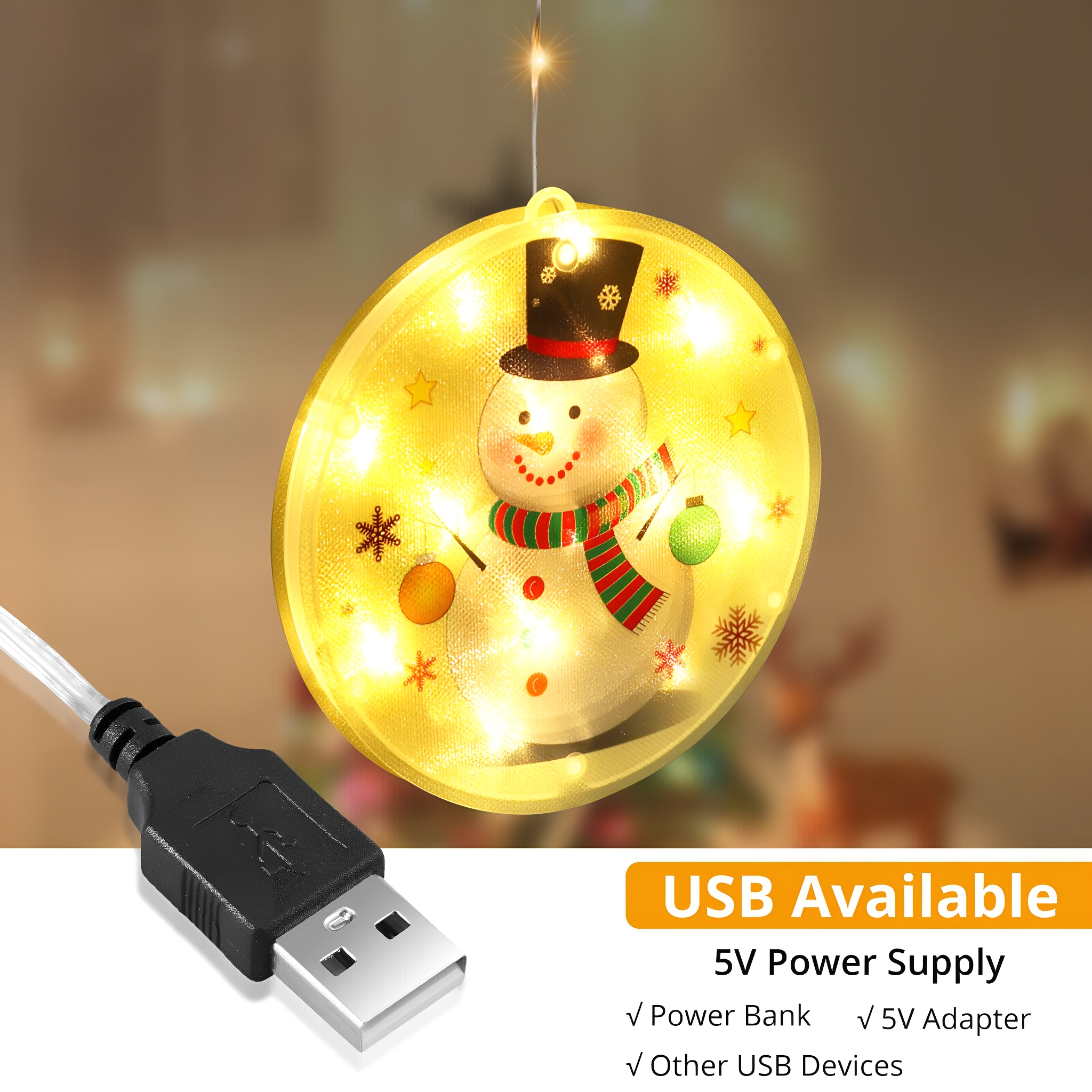 Ein Schneemann-Lichtdekor mit USB-Kabel. Der Schneemann hat einen schwarzen Hut, Schal und Lichter.