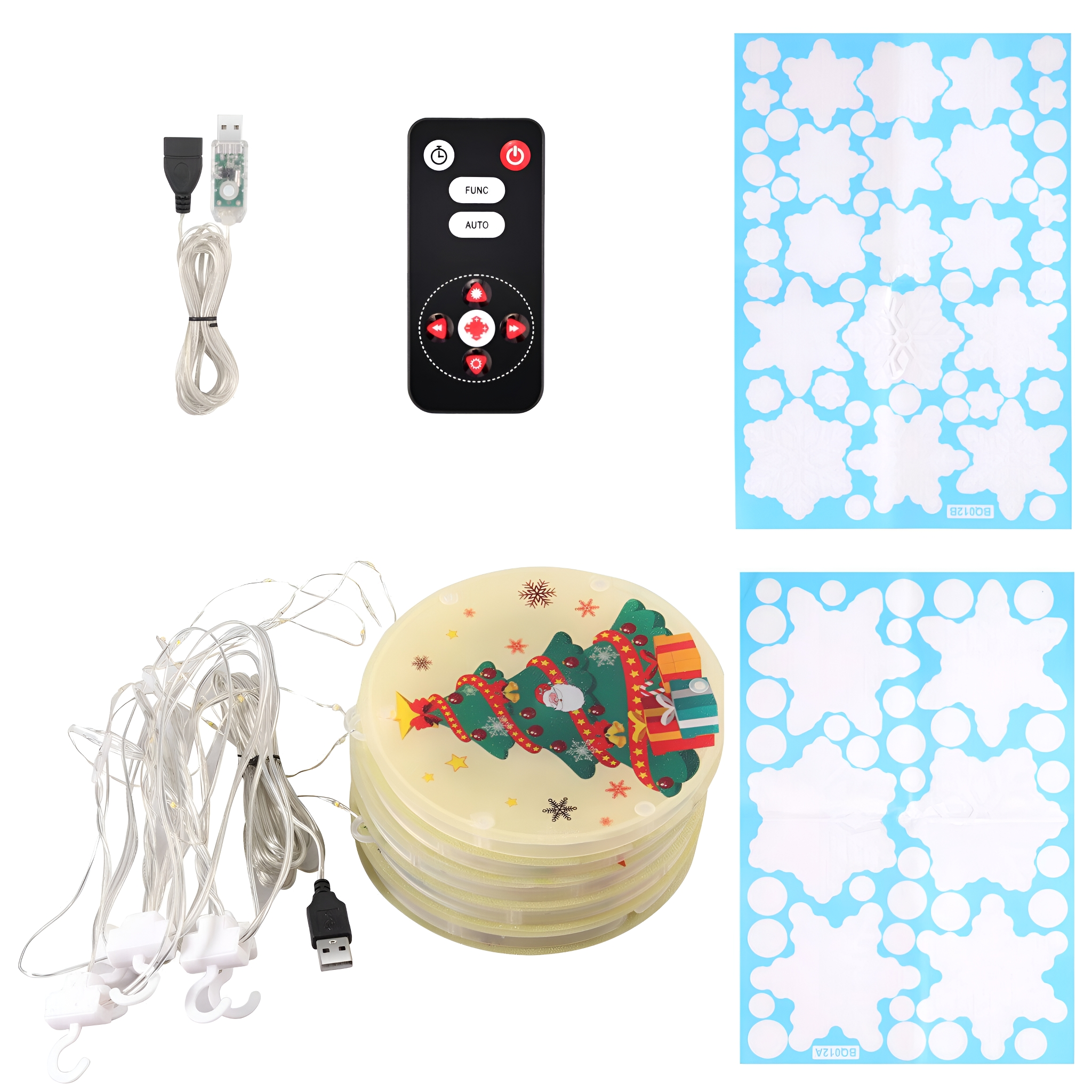 Weihnachtsdekorationen mit Fernbedienung, USB-Kabel, Lichterketten und Aufklebern auf weißem Hintergrund.