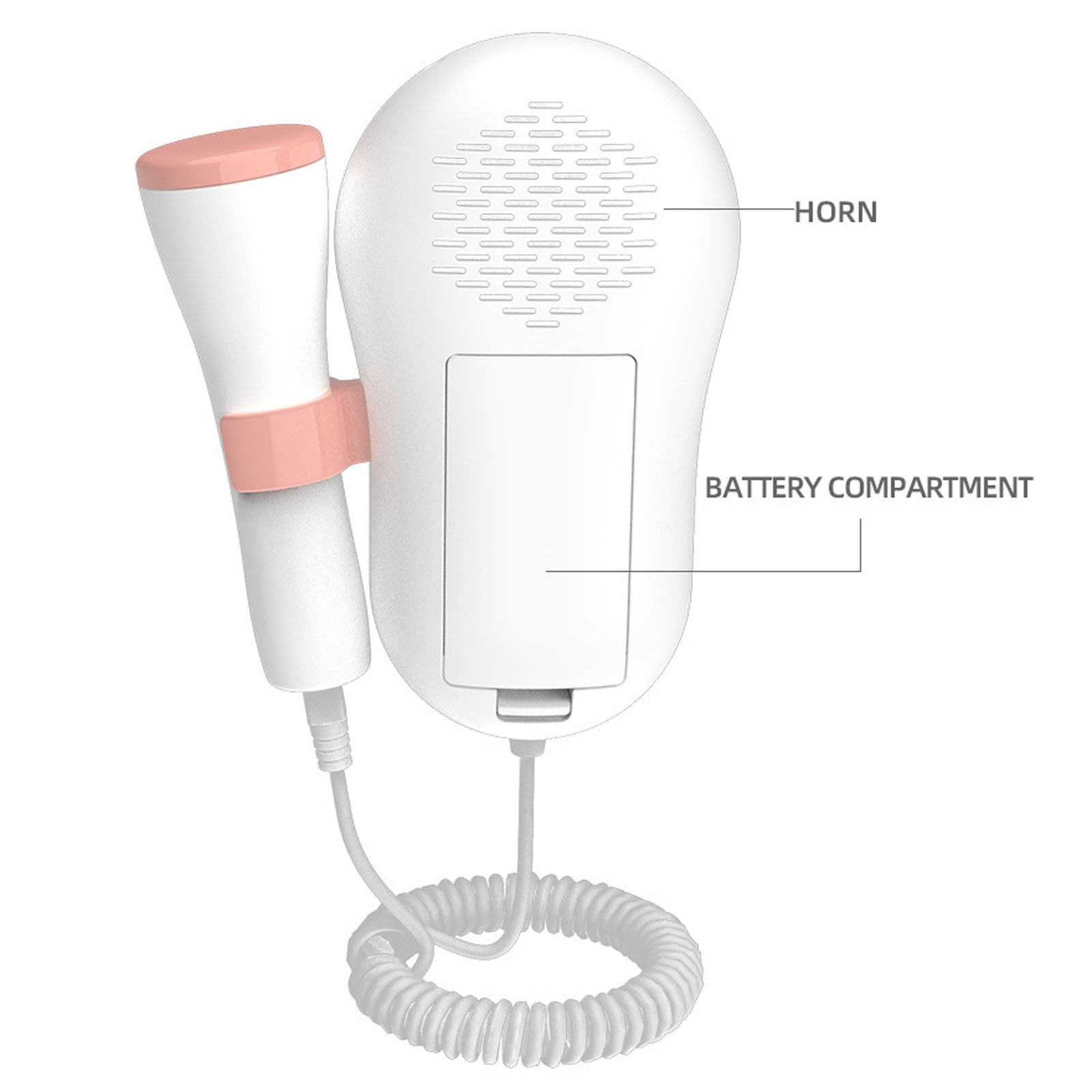 Ein weißes Fetal-Doppler-Gerät mit rosa Akzent, beschriftet mit 'HORN' und 'BATTERY COMPARTMENT'.