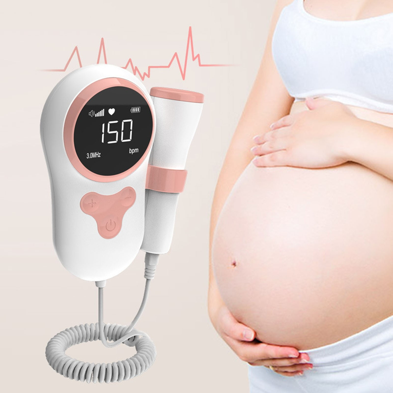 Eine schwangere Frau mit einem Baby-Herzfrequenzmonitor. Der Monitor zeigt eine Herzfrequenz von 150 bpm an.