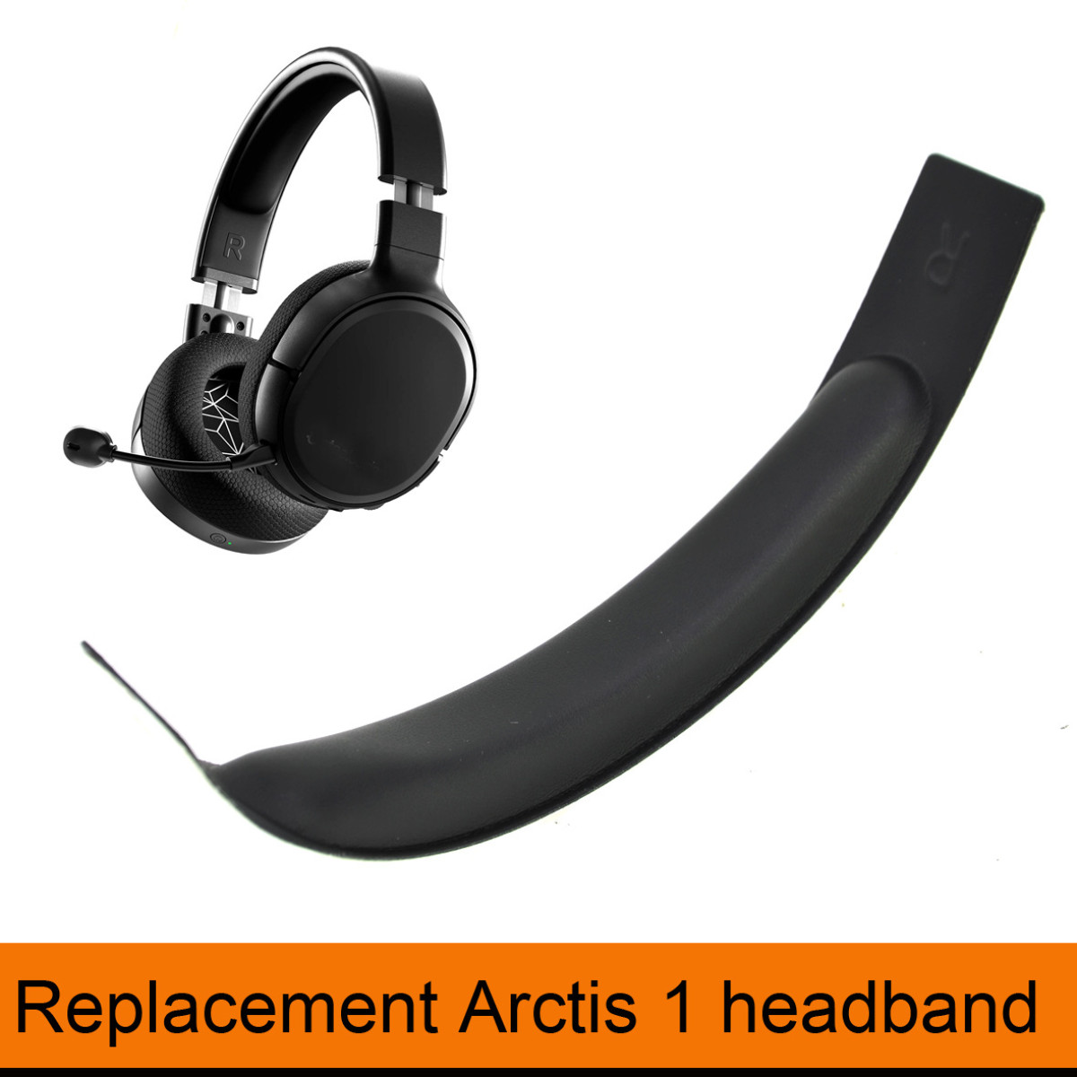 Schwarze Kopfhörer mit Mikrofon und ein Ersatz-Kopfband.