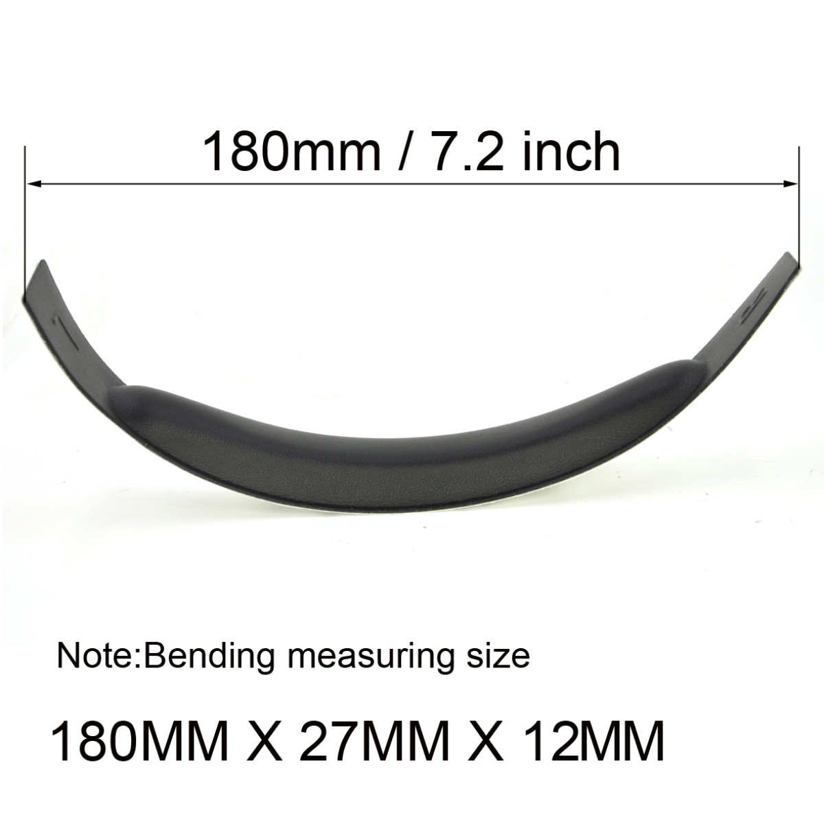 Ein schwarzer, gebogener Griff mit Abmessungen. Der Griff ist 180 mm x 27 mm x 12 mm groß.