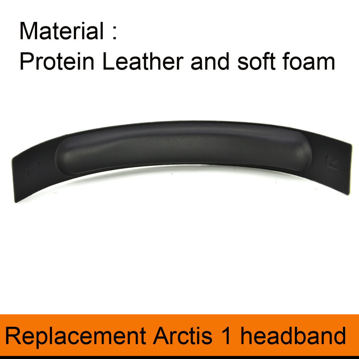 Ein schwarzes Stirnband mit geschwungenem Design, beschriftet mit 'Replacement Arctis 1 headband'.