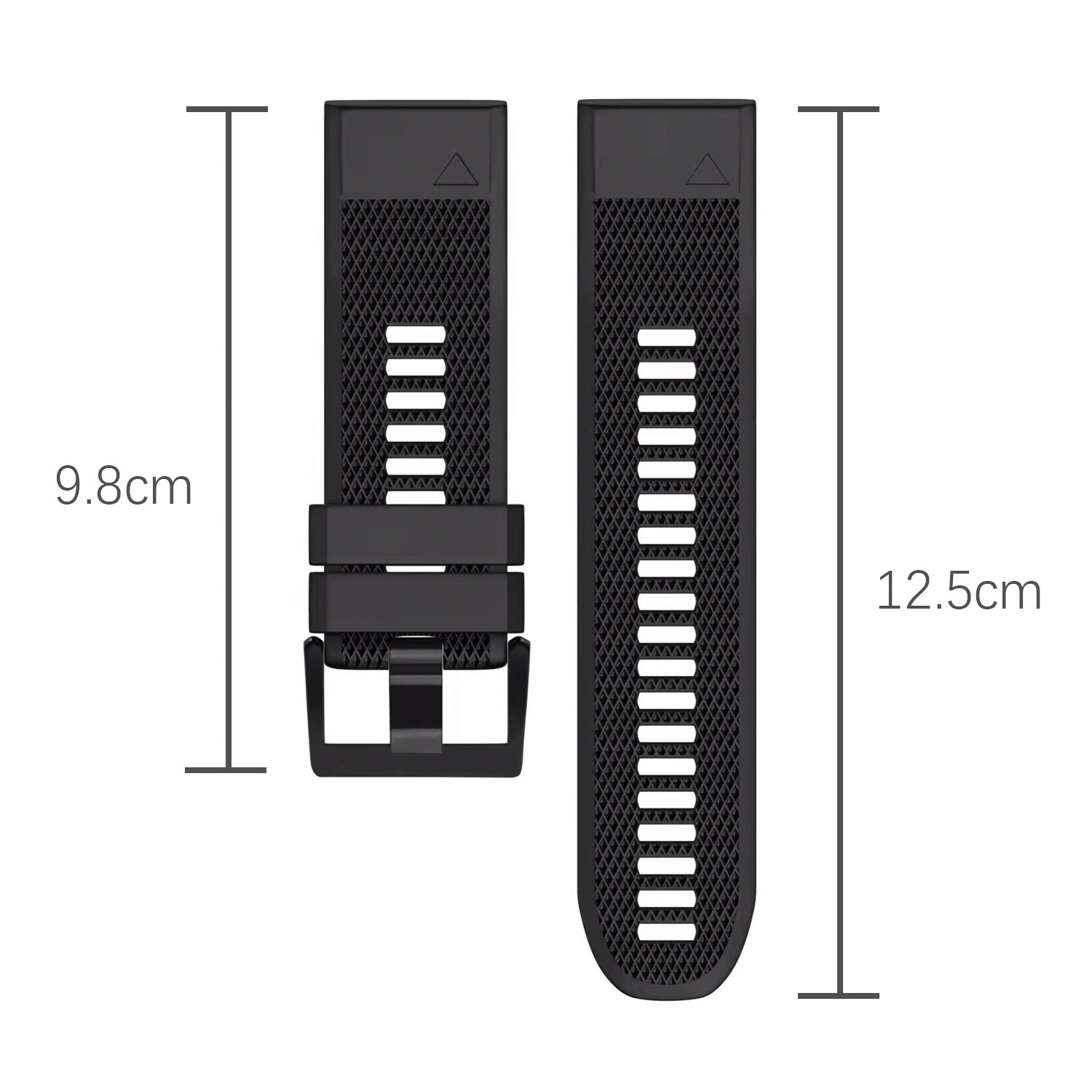 Zwei schwarze Uhrenarmbänder. Eines ist 9,8 cm lang, das andere 12,5 cm. Beide haben ein dreieckiges Design.