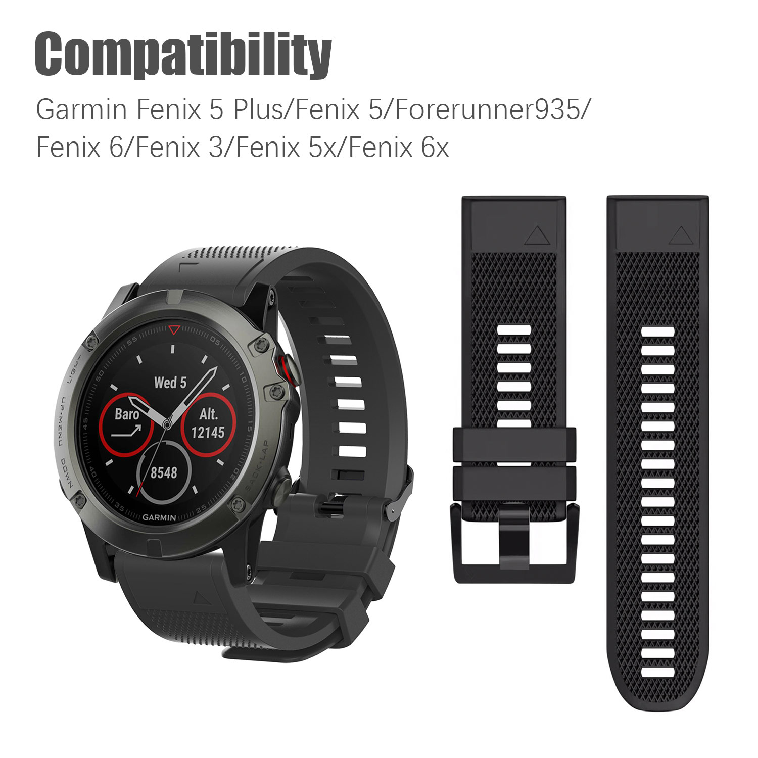 Garmin-Uhr und -Armbänder, schwarze Smartwatch mit zusätzlichen Armbandkomponenten auf weißer Oberfläche.
