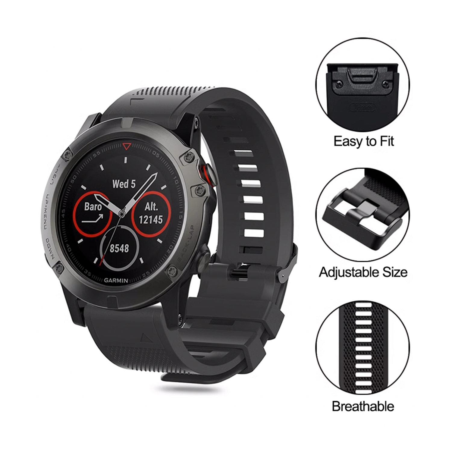 Schwarze Garmin Smartwatch mit Digitalanzeige. Merkmale: verstellbare Größe und atmungsaktives Armband.