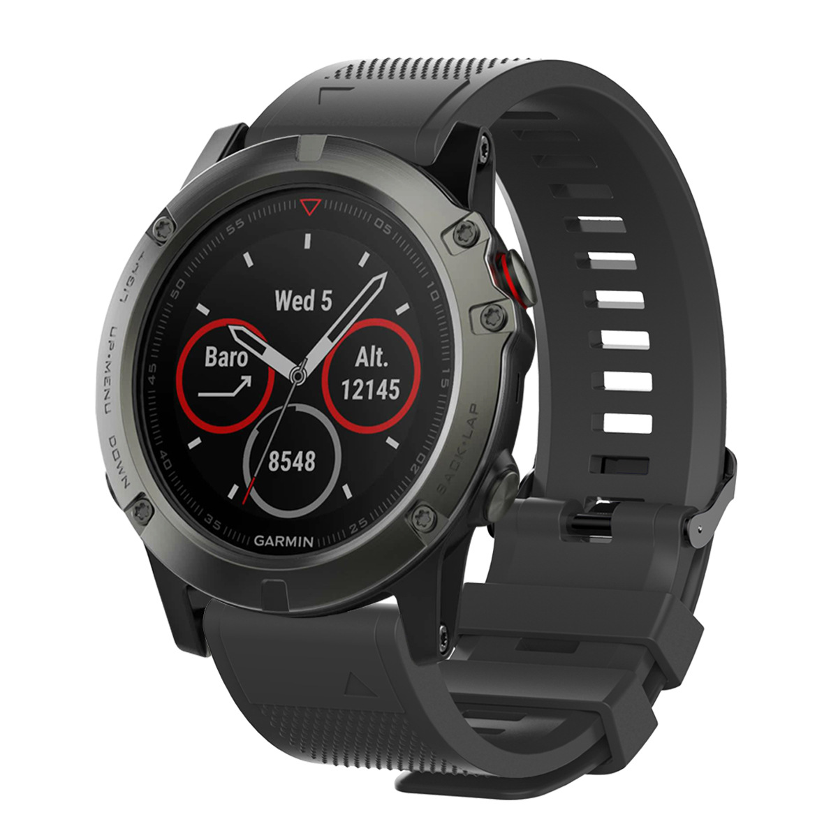 Eine schwarze Garmin-Uhr mit schwarzem Armband, zeigt Datum, Uhrzeit und Statistiken.