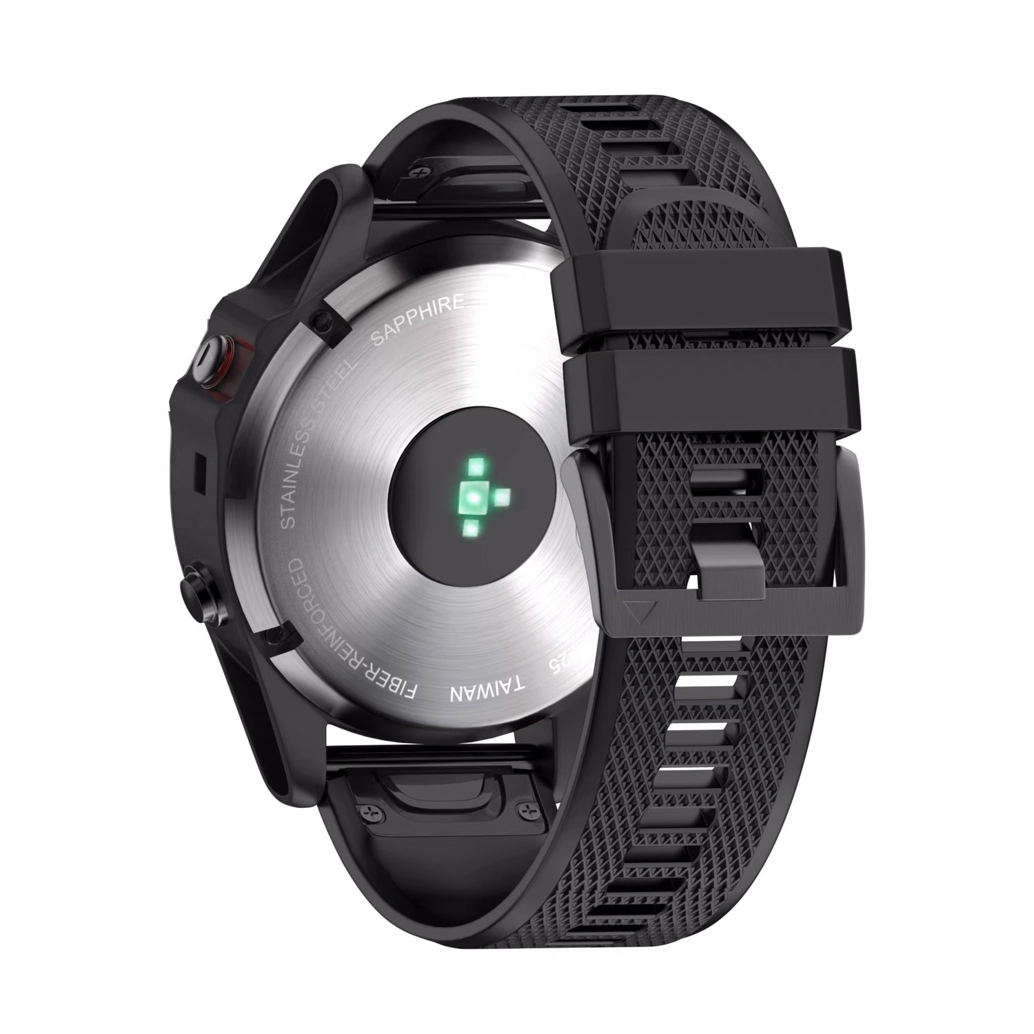 Rückseite einer schwarzen Smartwatch mit schwarzem Armband. Hat einen Herzfrequenzsensor und eine silberne Basis.