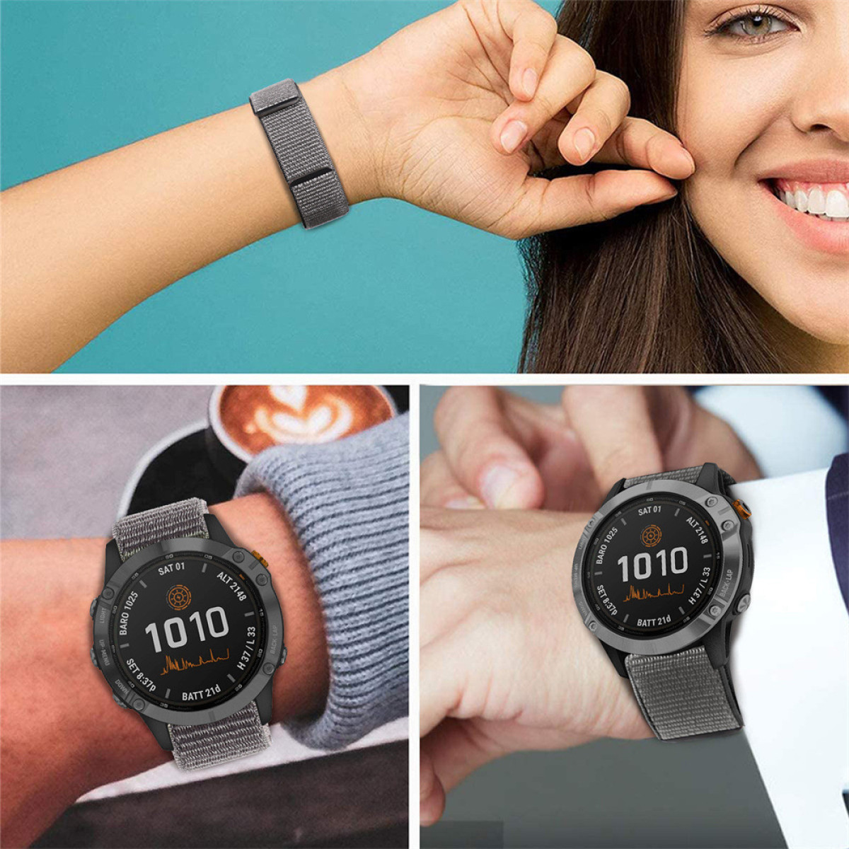 Armbanduhr am Handgelenk mit grauem Armband und einem Telefon.