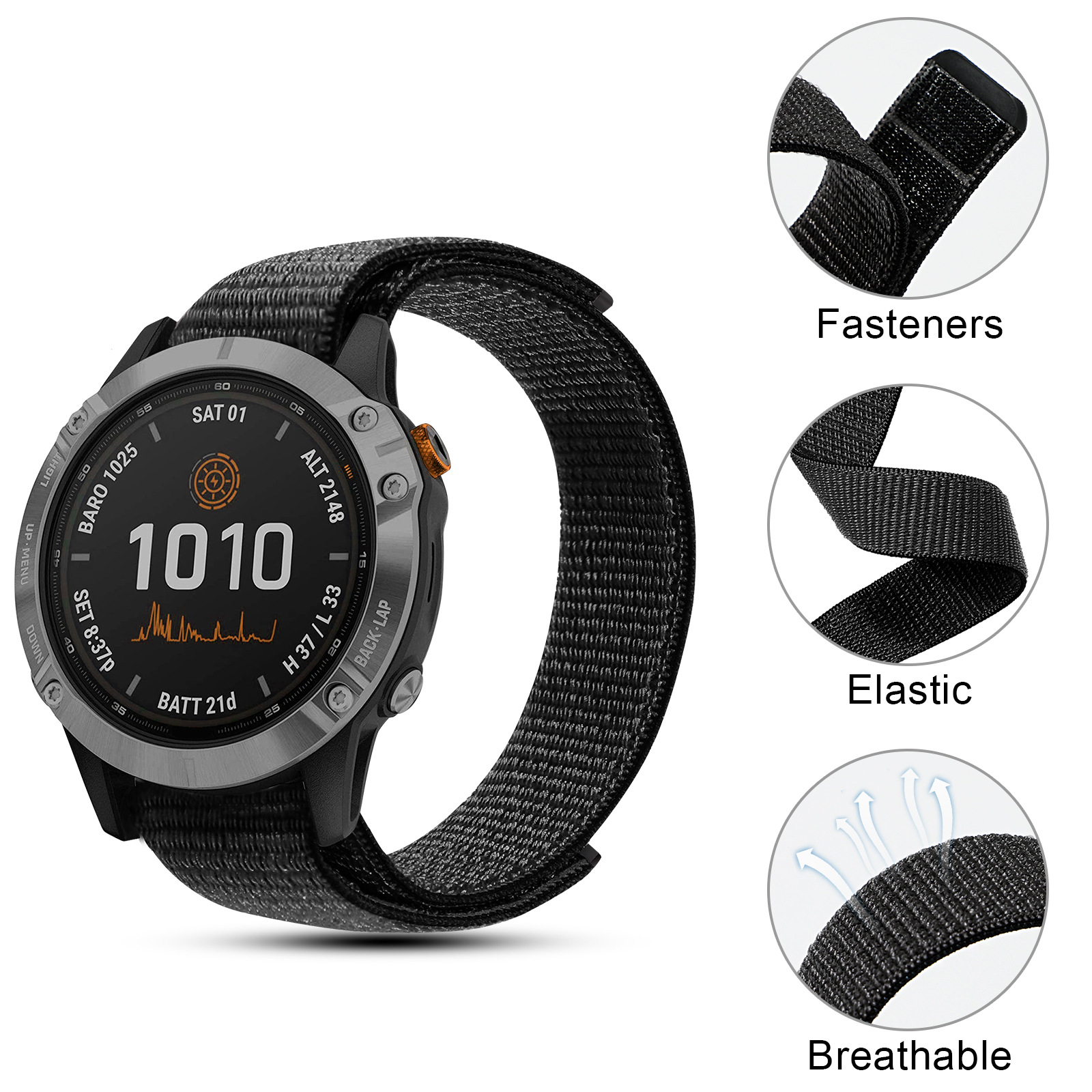 Eine schwarze Smartwatch mit schwarzem Armband. Es gibt Bilder von elastischen, atmungsaktiven und Befestigungsteilen des Armbands.