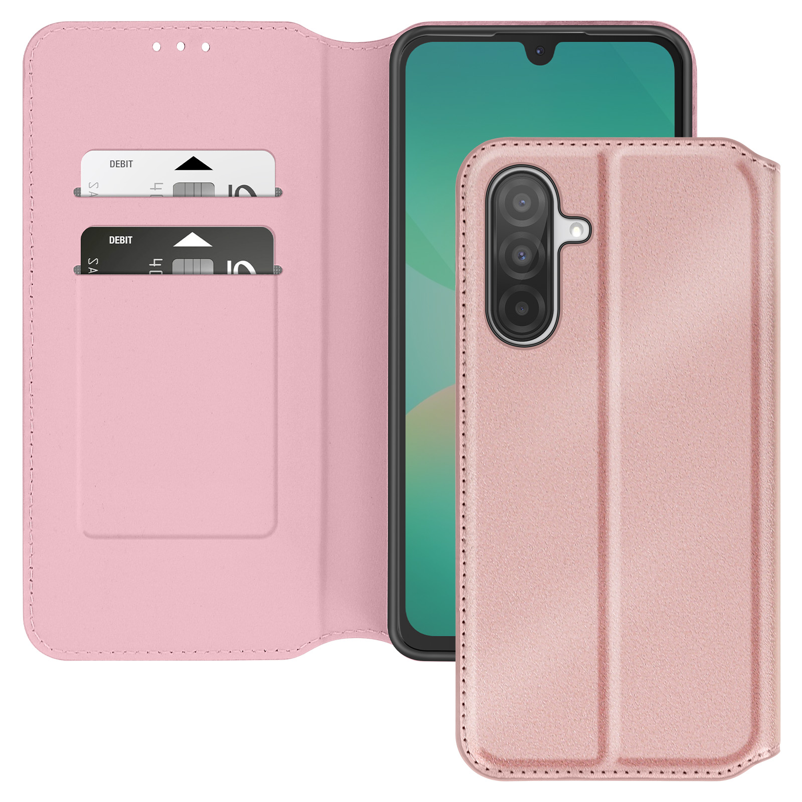 Custodia rosa per telefono con telefono e scomparti per carte. È aperta e mostra lo schermo.