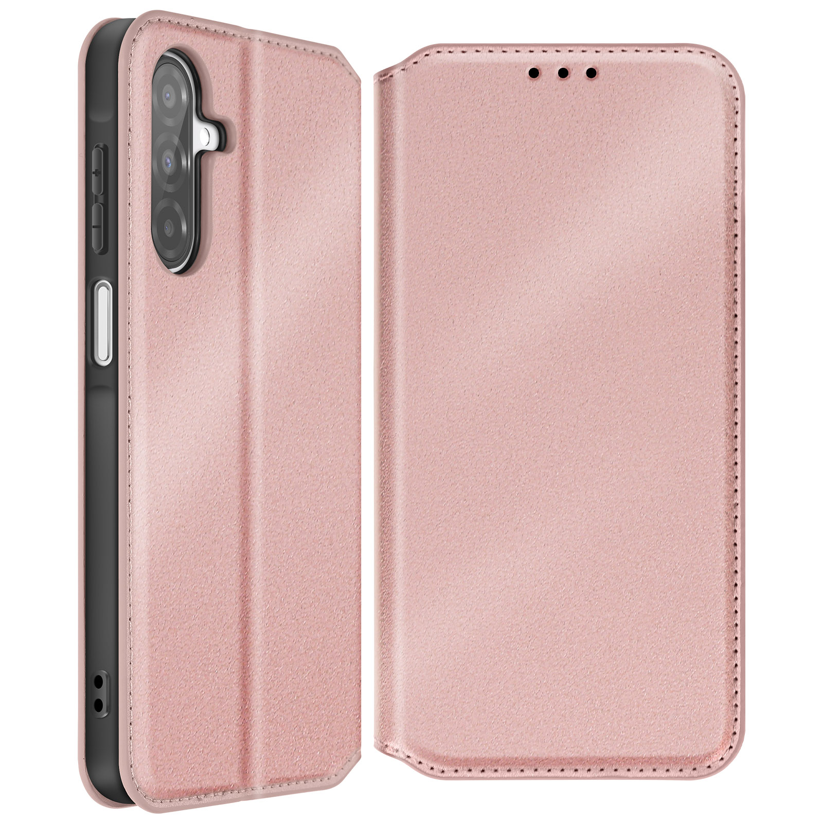 Custodia rosa per telefono, chiusa e aperta, mostra un telefono. Fotocamera.