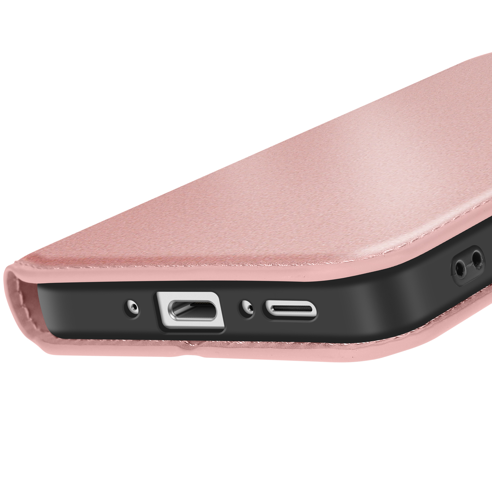 Un primo piano di una custodia rosa per telefono con cornice nera e porta argento.