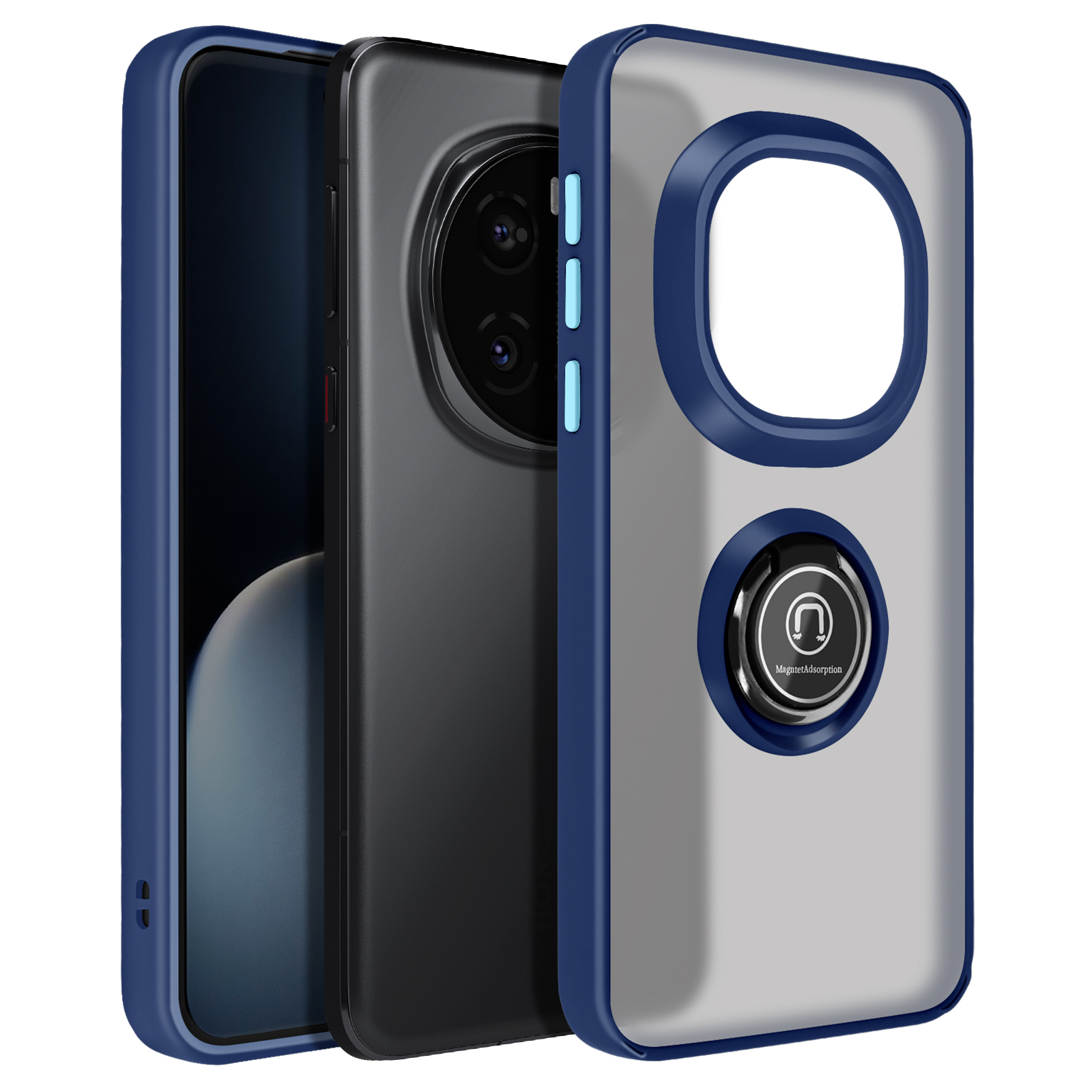 Custodia per telefono con telefono dentro, che mostra il retro con fotocamera e anello.