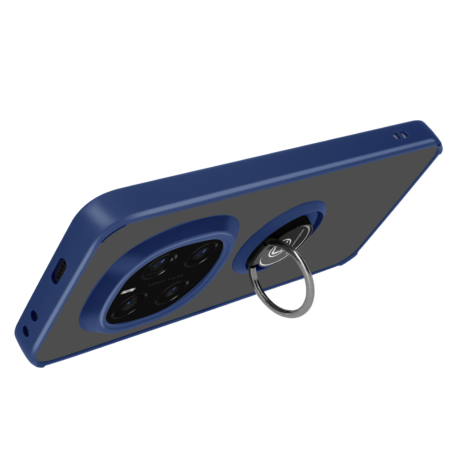 Una custodia per telefono blu con supporto ad anello. La custodia ha un'area nera per la fotocamera.