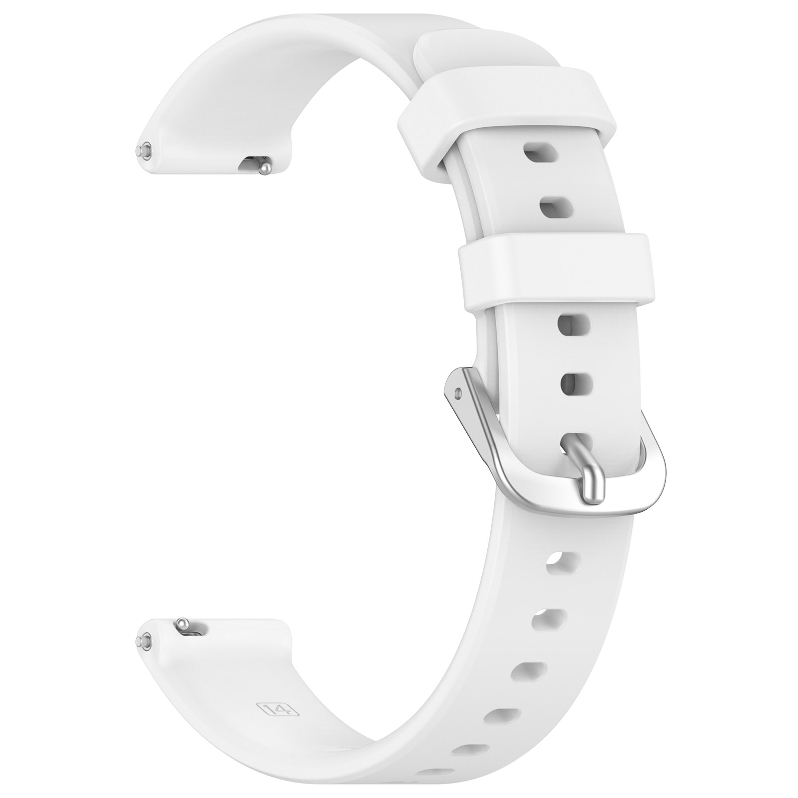 Ein weißes Smartwatch-Armband mit Schnalle und Löchern.