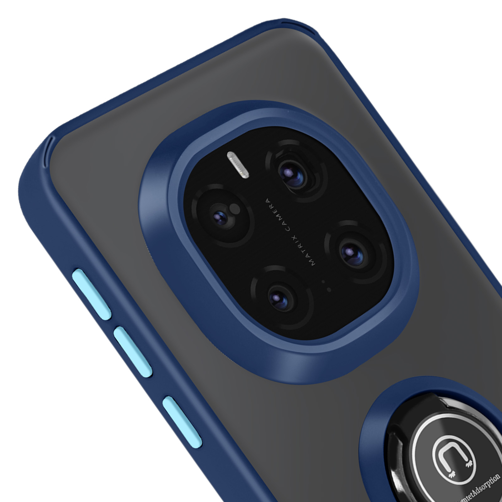 Una custodia per telefono con bordo blu, retro grigio e un anello di supporto, primo piano.
