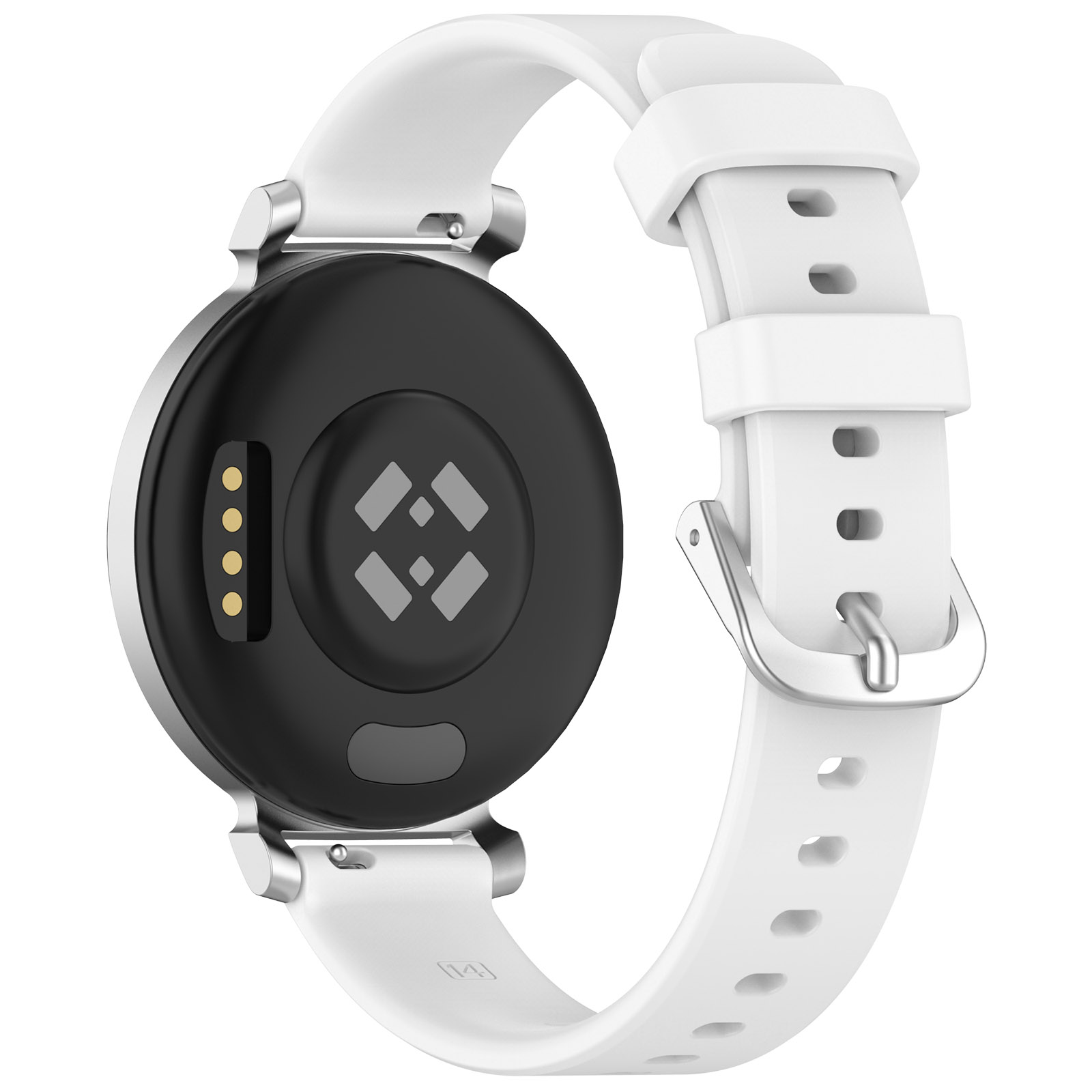 Rückseite einer weißen Smartwatch mit schwarzem Mittelteil, zeigt Sensoren und weißes Armband.