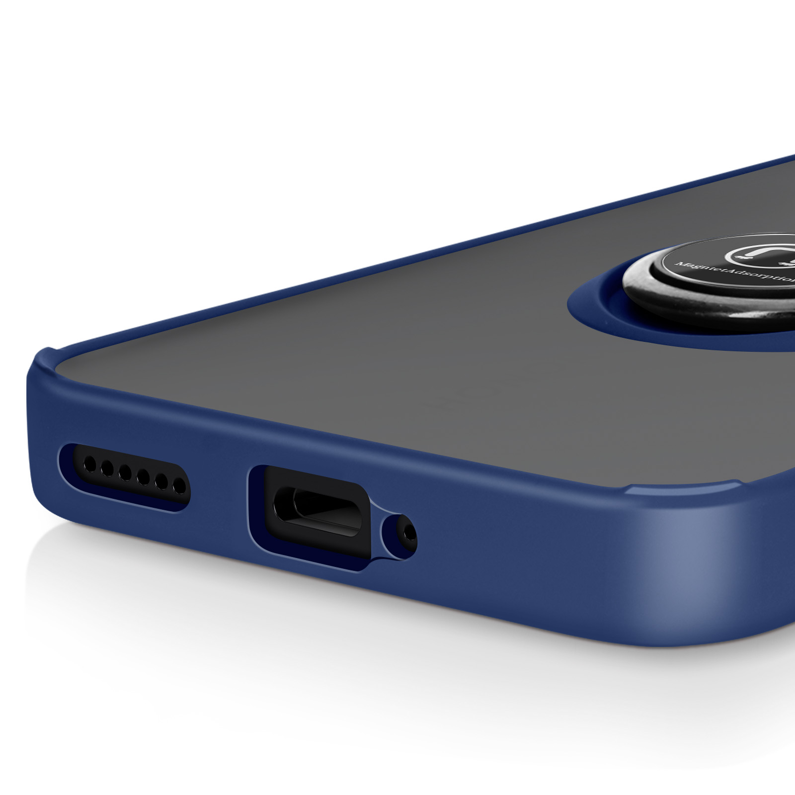 Una custodia per telefono con supporto ad anello, bordi blu e retro nero.