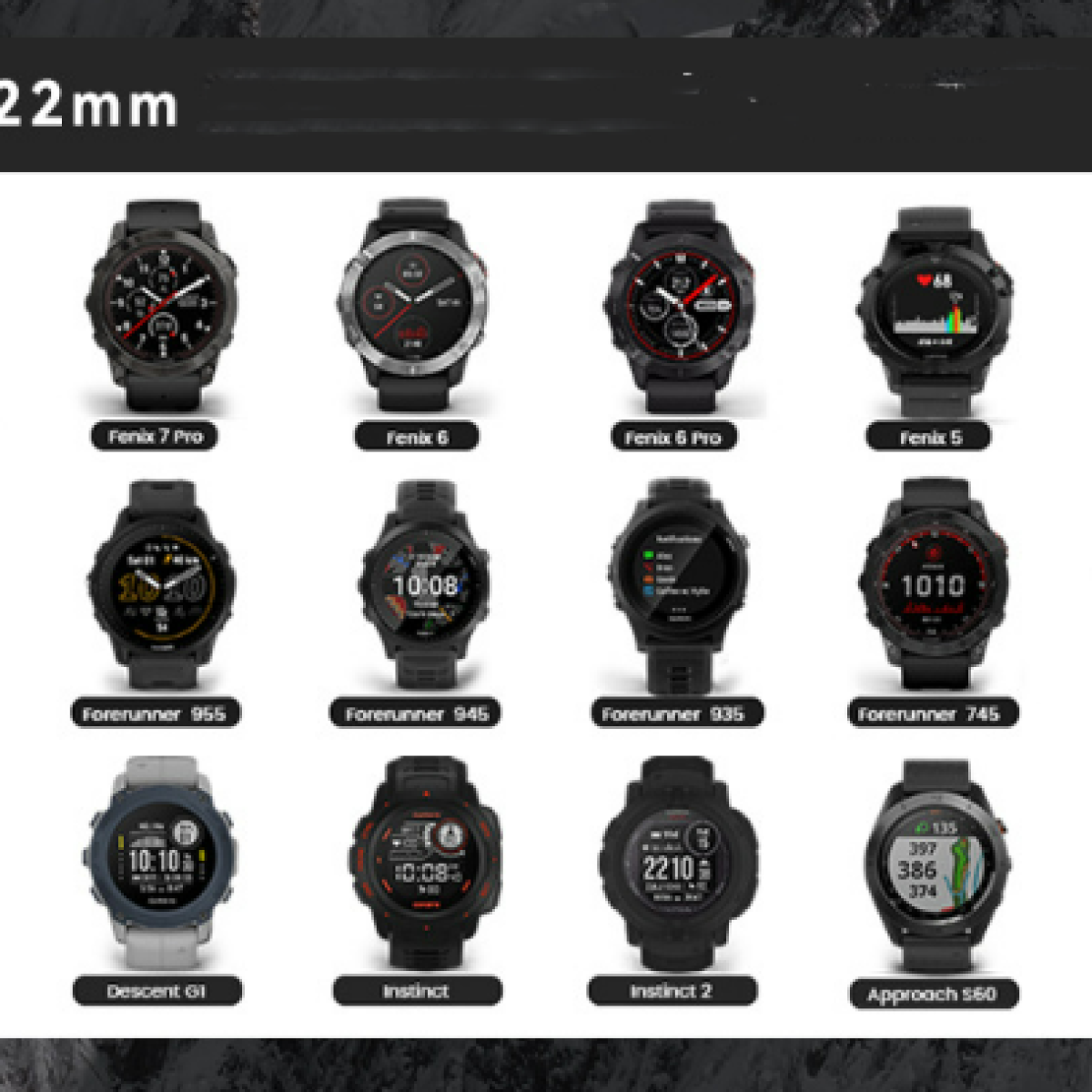 Garmin Smartwatch-Anzeige. Verschiedene Modelle werden präsentiert, darunter die Fenix-, Forerunner- und Instinct-Serien.