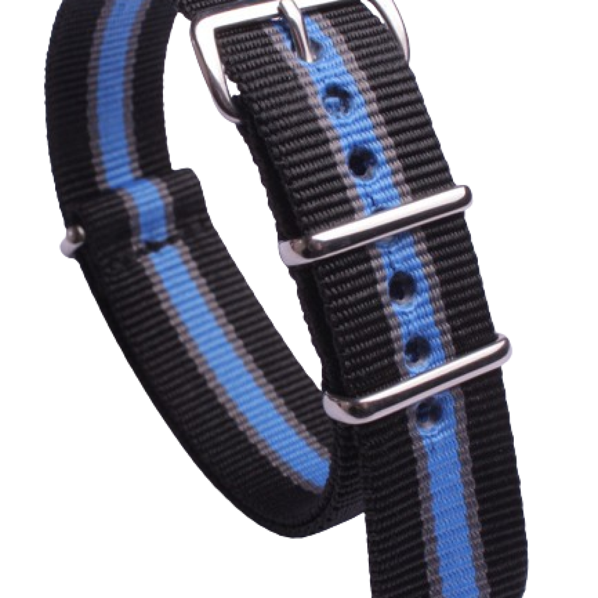Nahaufnahme eines schwarz-blau gestreiften Uhrenarmbands mit silberner Schnalle.