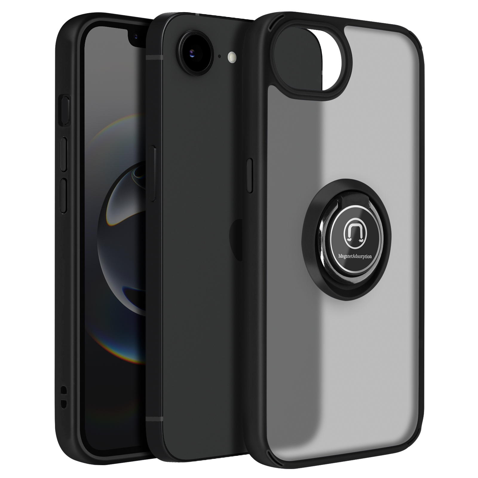 Drie smartphones met een beschermhoesje op de meest rechtse telefoon. De hoes heeft een ring.