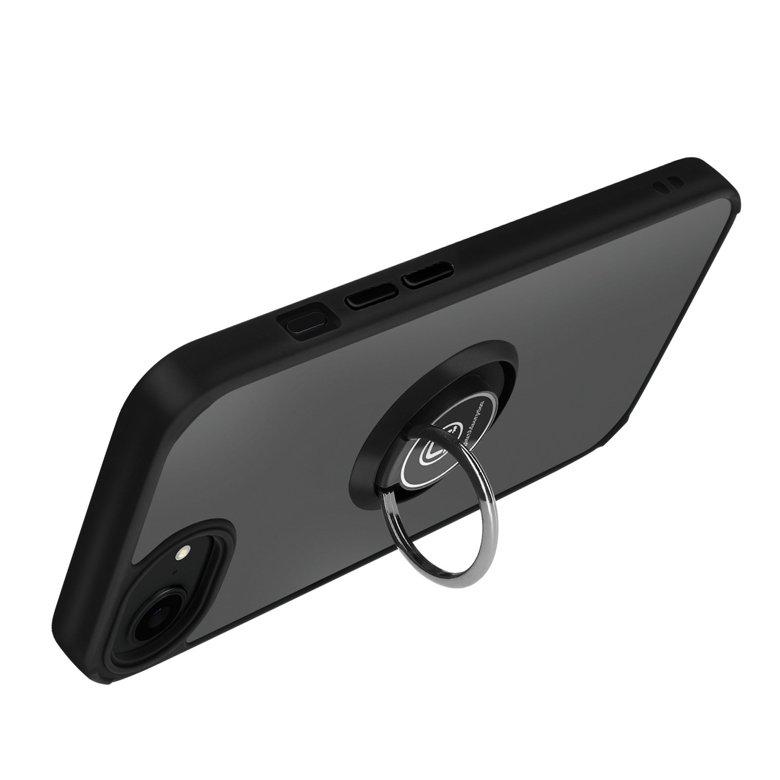 Een zwarte smartphone met een ringhouder eraan. De telefoon staat iets schuin.