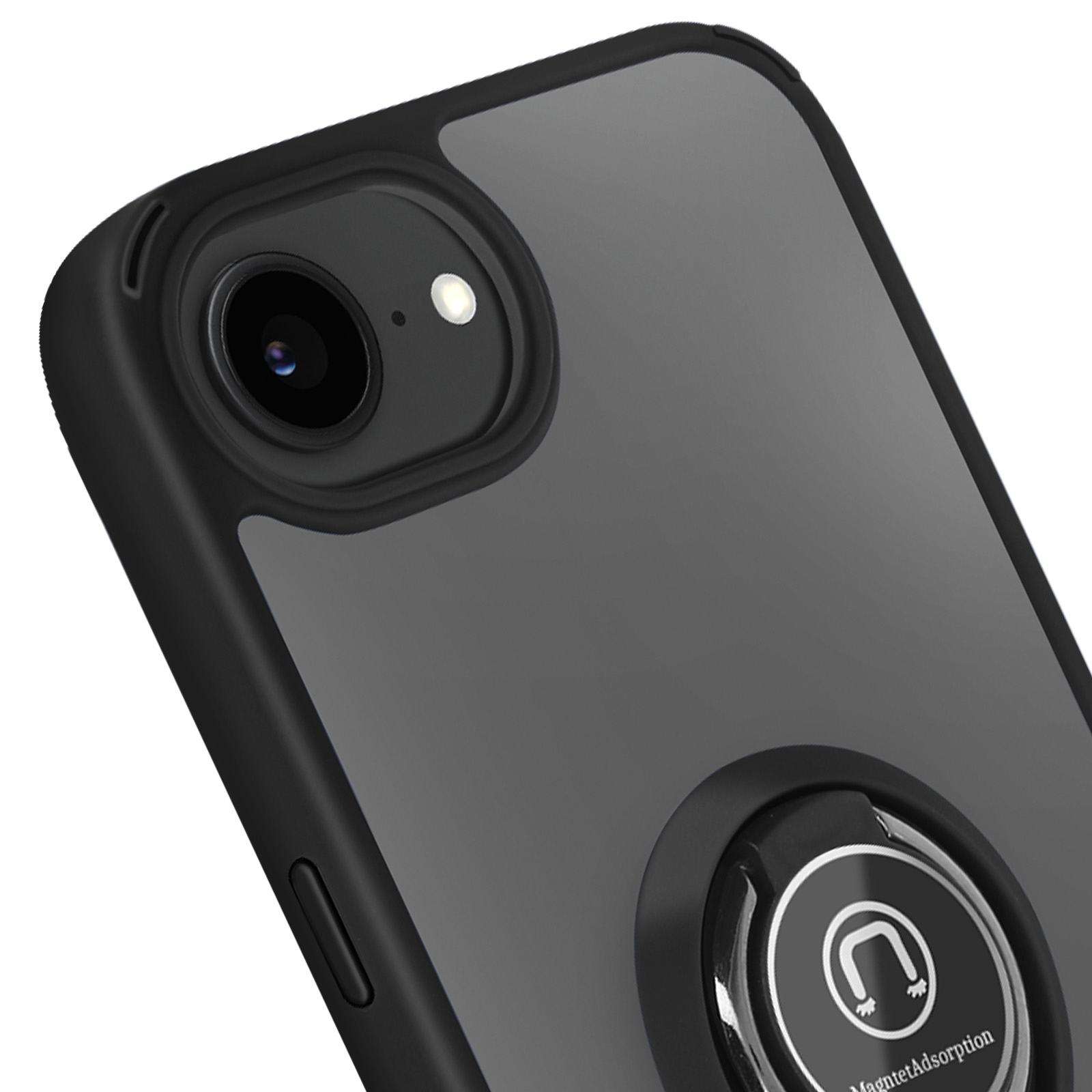 Close-up van zwarte telefoonhoes met cameralens en ringhouder op grijze achtergrond.
