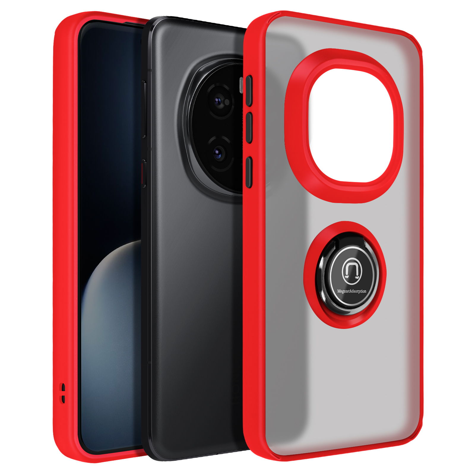 Un telefono in una custodia rossa e trasparente con un anello di supporto.
