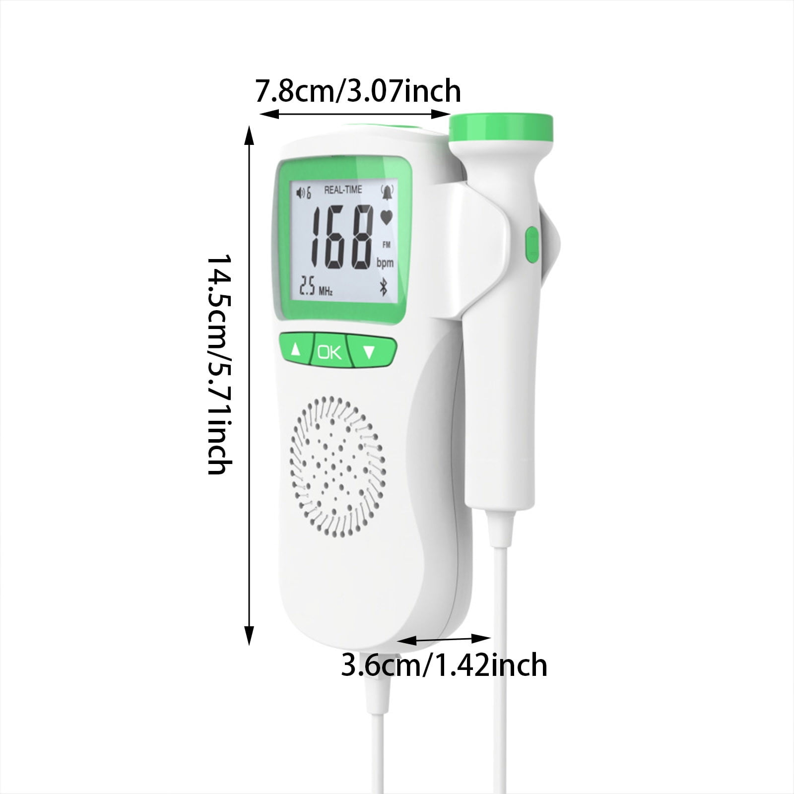 Ein weißer fetaler Doppler mit einem Display, das 168 BPM anzeigt. Es hat einen grünen Knopf und eine Sonde.
