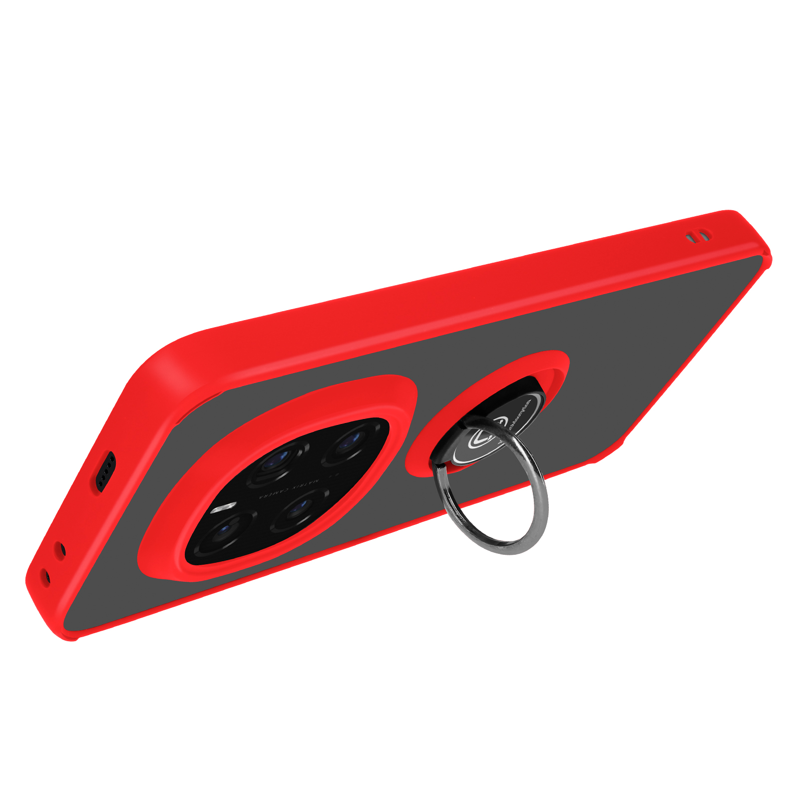 Custodia per telefono rossa e grigia con ritagli per la fotocamera e un porta anelli. Lo sfondo è bianco.