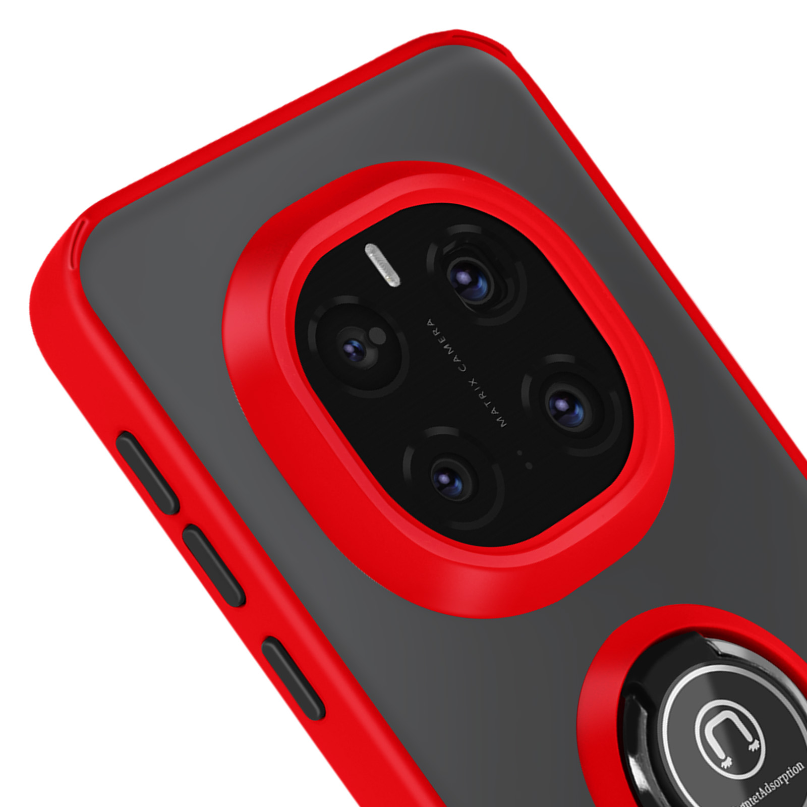Una custodia per telefono con cornice rossa e un modulo fotocamera nero con anello.