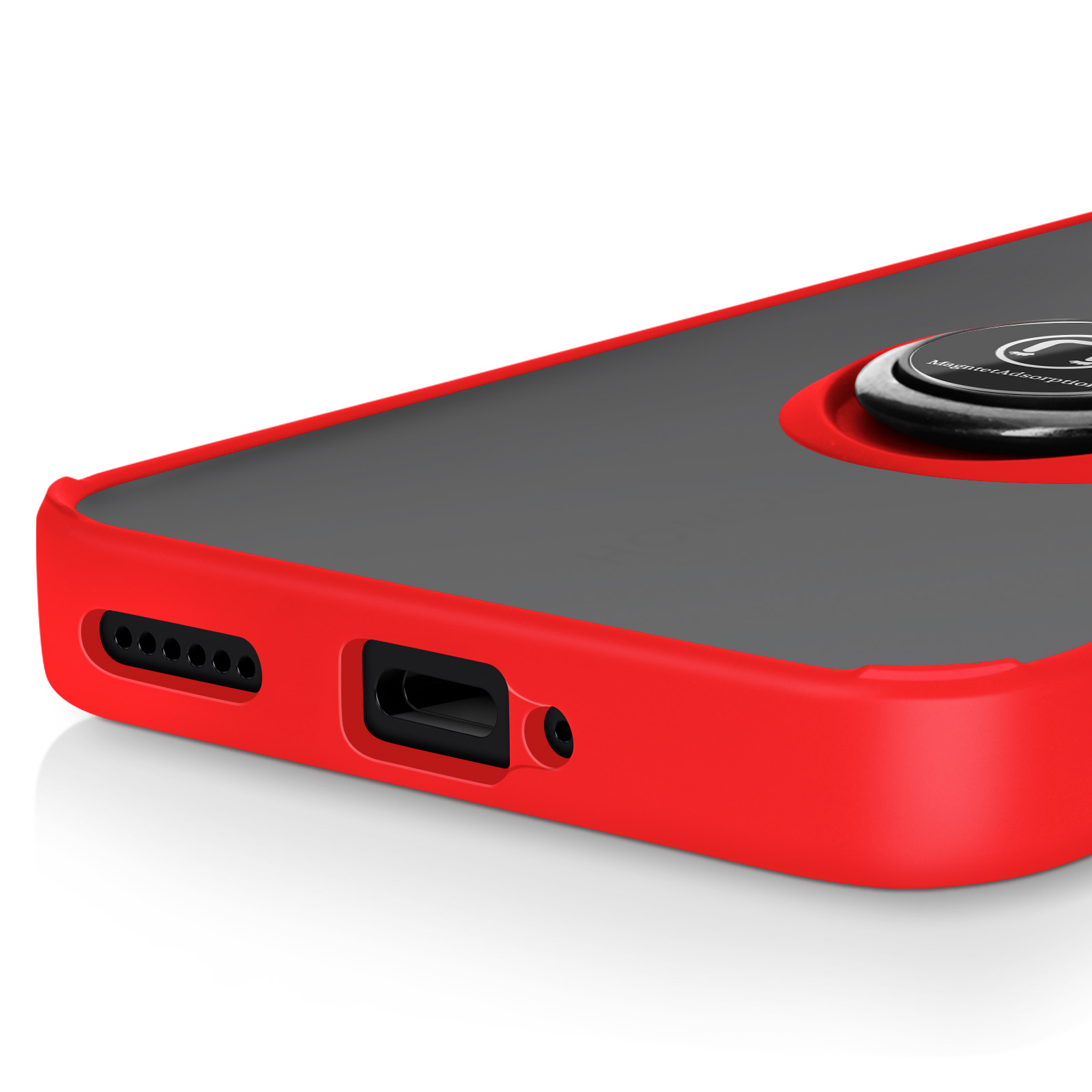 Custodia rossa per telefono con anello nero e argento. Custodia nera con porte visibili.